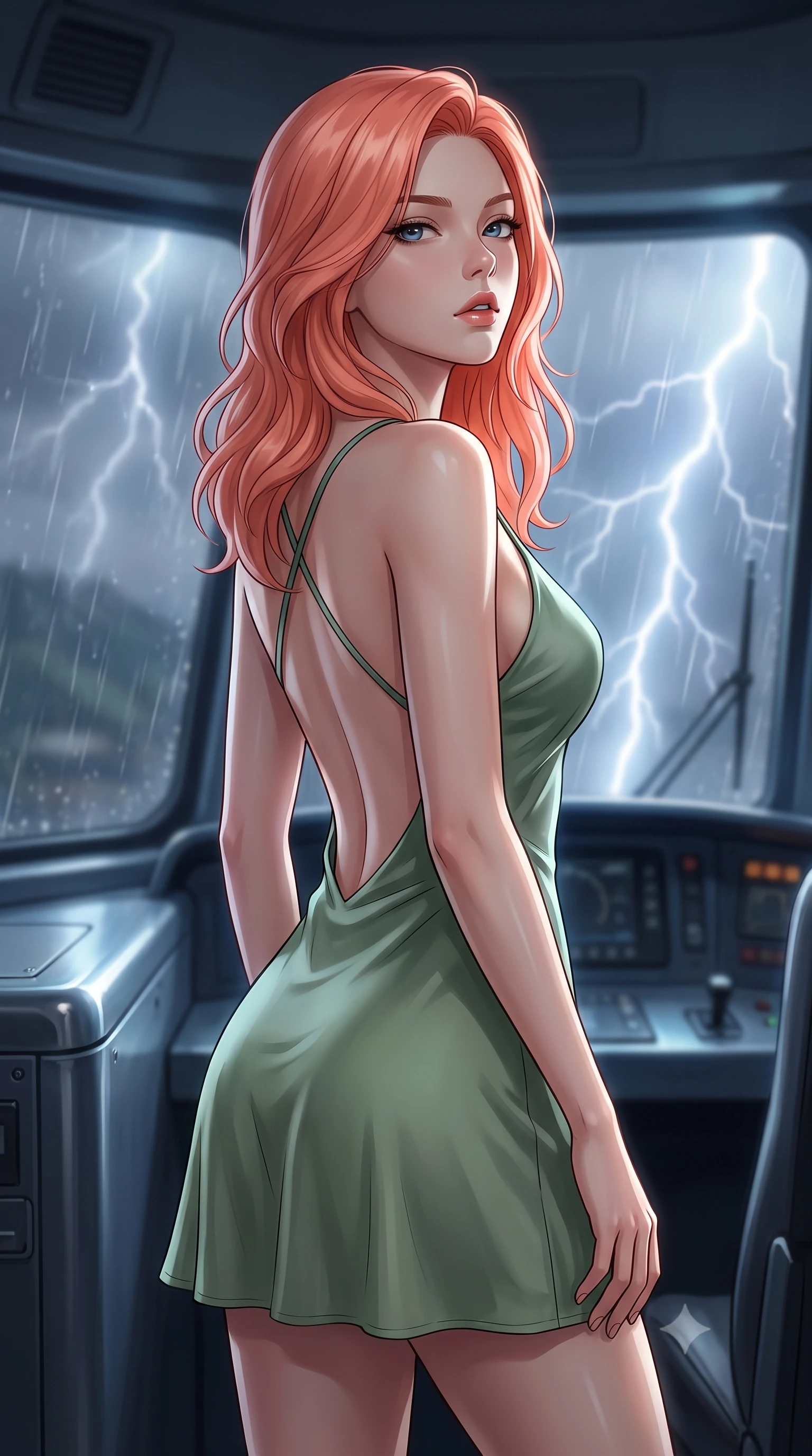 score_9, masterpiece, best quality, ultra-detailed, high-budget anime keyframe, editorial fashion photography, tasteful artistic composition, Japanese woman. close-up cowboy shot from the waist and thighs up, the character dominates the composition, filling the frame with her large presence, background elements kept in soft focus. tilting her chin up slightly with lips parted in a composed, provocative expression the background shows a soft-focus the cockpit window view of a high-tech panoramic railcar during a thunderstorm. She has an exceptionally elegant, slender, and willowy female figure with an ultra-slim waist, a gracefully sculpted slender torso, and a refined silhouette. sharp v-shaped jawline, high-bridge nose, intricate jewel-like eyes with depth, thick eyelashes, glossy lips with a natural sheen. wearing a tailored lightweight silk sundress in sage green with a dramatic open-back and thin criss-cross straps. flashes of lightning casting momentary high-contrast chiaroscuro shadows. ultra-reflective glossy finish, specular highlights, metallic sheen, high-contrast stereoscopic depth, volumetric dynamic lighting, 2k, ultra detail, master piece, 9:16 ratio