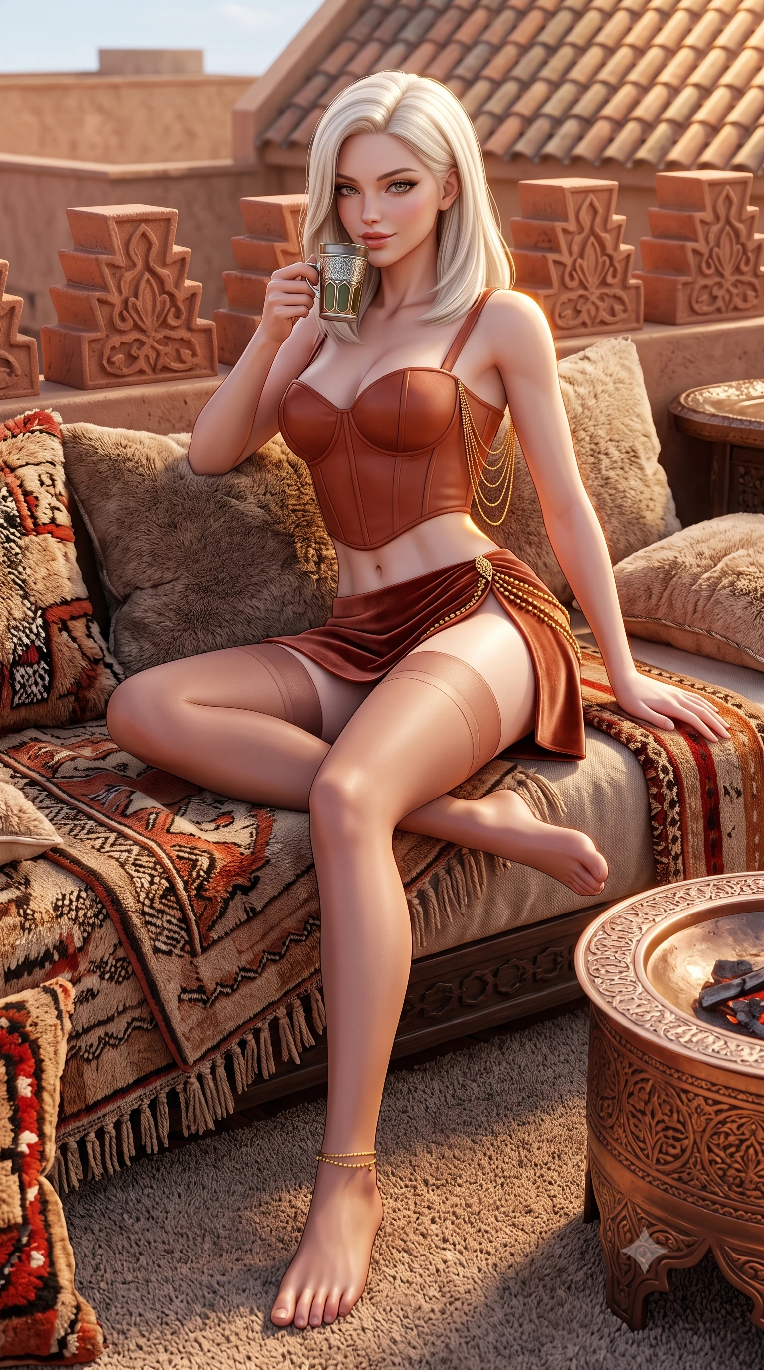 score_9, masterpiece, best quality, ultra-detailed, high-budget anime keyframe, semi-realistic 3D game render, editorial fashion photography, tasteful artistic composition, Caucasian woman. low angle full-body shot from head to toe showing her feet, filling the entire 9:16 vertical frame with her statuesque presence, stretching her vertical silhouette. lounging on the lavish daybed with legs crossed and hips angled toward the camera, displaying her toned midriff and long slender limbs with effortless siren poise while sitting perched on the edge of the carpeted lounge with legs extended, holding a silver mint tea glass with a captivating seductive smile. The surrounding environment is rendered in vivid detail and crisp panoramic clarity: sharp handwoven Berber rug textures, pierced copper fire pit engravings, and terracotta parapet relief in deep focus. She has an absolutely perfect, statuesque 8.5-heads proportion, an exceptionally tall and slender model-like female figure with impossibly long slender legs, an ultra-slim waist, a flat toned midriff, narrow delicate ribcage, and beautifully sculpted feminine hips creating a graceful, slim hourglass silhouette without any bulky heaviness. sharp v-shaped jawline, high-bridge nose, sparkling eyes with hypnotic seductive depth, thick curled eyelashes, glossy parted lips with a natural dewy peach sheen, alluring bedroom-eyes with an enchanting coquettish smile, exuding magnetic siren charisma and sophisticated glamour, flawlessly proportioned anatomical accuracy, strict slender model proportions, natural body alignment, perfectly sculpted long slender limbs, ultra-slim waistline, clean dynamic posture without body distortion. wearing a structured boned leatherette corset bodice paired with an ultra-short micro-wrap mini skirt and sheer thigh-high stockings in Atlas terracotta and desert rose gold, tailored from ultra-plush velvet with rich tactile depth and deep shadow gradients, accented with an open-back drape framed by falling strands of delicate gold chains, the high-slit wrap tailoring accentuating her ultra-slim waistline and the enchanting curve of her feminine hips with alluring seductive charm. illuminated by rooftop tile reflection fill and sharp flame-gold rim lights sculpting her jawline, flat midriff, and voluptuous hip curves. highly saturated vibrant anime colors, detailed shading with soft gradients, rich glossy textures, high-contrast stereoscopic depth, volumetric dynamic lighting, master piece, 9:16 ratio