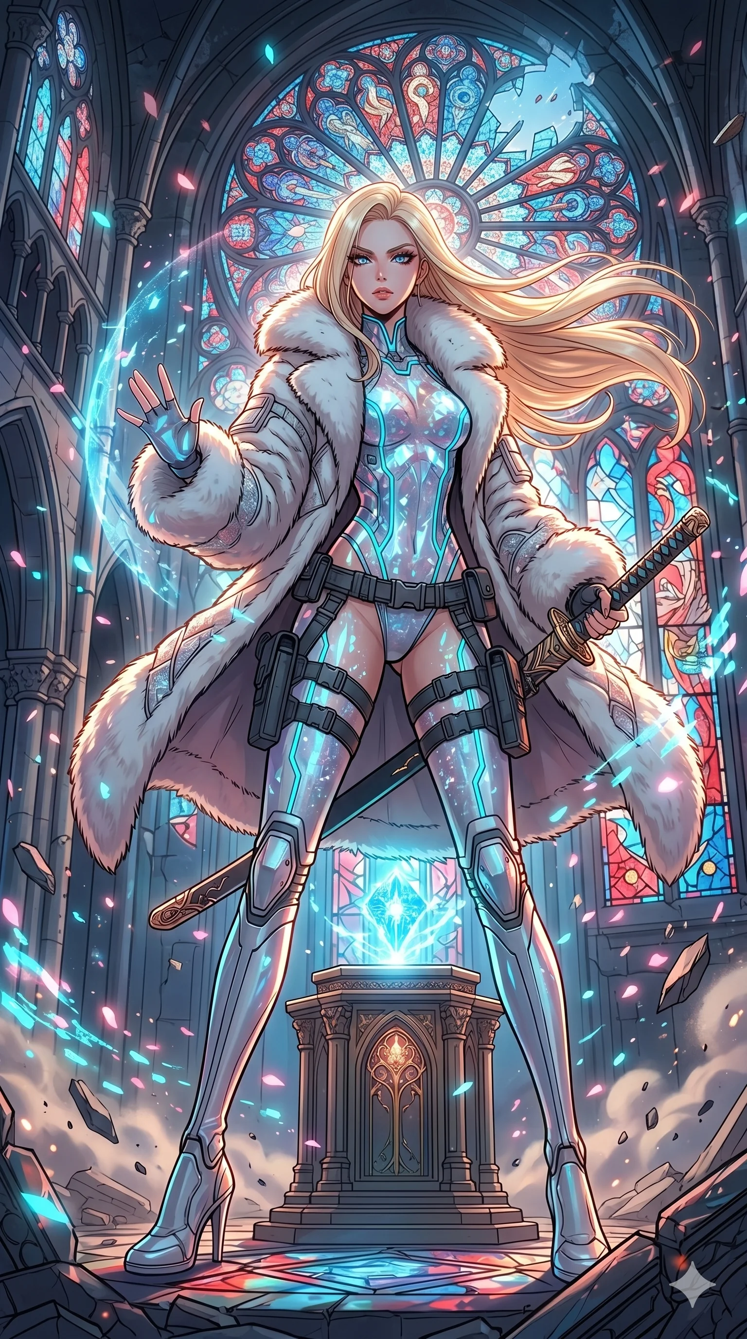score_9, masterpiece, best quality, ultra-detailed, high-budget anime movie keyframe, cinematic anime lighting, intricate line art, Japanese woman. Low angle cowboy shot filling the entire 9:16 frame with her statuesque presence. defending a sacred relic in a shattered stained glass cathedral with digital sakura petals. She has an absolutely perfect 8-heads proportion, an exceptionally tall and slender female figure with an ultra-slim waist and impossibly long slender legs. sharp v-shaped jawline, high-bridge nose, intricate jewel-like eyes, thick eyelashes, glossy lips. Wearing seasonal winter-couture featuring a plush oversized faux-fur coat worn over a skin-tight crystalline leotard and thigh-high stiletto boots. The scene is illuminated by dramatic atmospheric lighting and vibrant color palettes. , 2k, ultra detail, master piece, 9:16 ratio