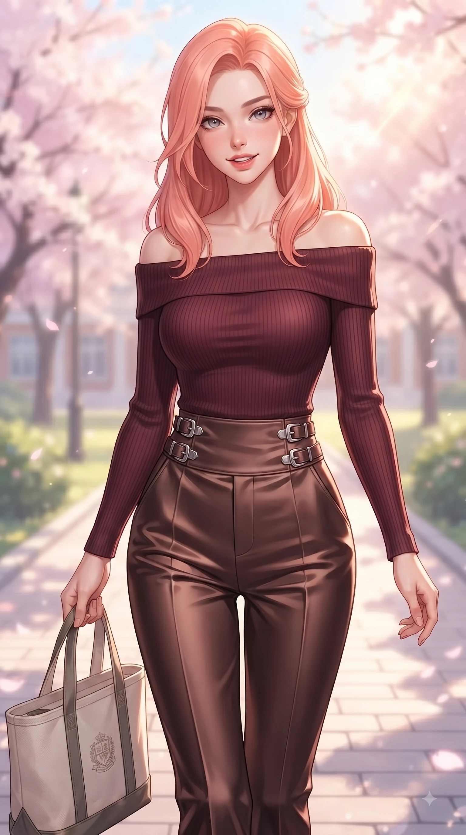 score_9, masterpiece, best quality, ultra-detailed, high-budget anime keyframe, editorial fashion photography, tasteful artistic composition, Japanese woman. close-up cowboy shot from the waist and thighs up, the character dominates the composition, filling the frame with her large presence, background elements kept in soft focus. Playful cute expression with a warm smile and parted lips, looking right into the camera with vibrant energy while stepping along a paved academy path carrying a canvas tote bag with fresh youthful energy, bright spring sunbeams illuminating the scene in soft pastel pink and gold tones. She has an exceptionally elegant, slender, and willowy female figure with an ultra-slim waist, a gracefully sculpted slender torso, and a refined silhouette. sharp v-shaped jawline, high-bridge nose, intricate jewel-like eyes with depth, thick eyelashes, glossy lips with a natural sheen, flawlessly proportioned anatomical accuracy, natural body alignment, perfectly sculpted elegant limbs, clean dynamic posture without body distortion. wearing a sleek off-shoulder ribbed knit top paired with high-waist tailored pants in deep burgundy and bronze, crafted from lustrous satin jersey with fluid draping, detailed with polished silver buckles along the waistline, the elegant draped fit framing her graceful clavicle and slender torso. bathed in bright morning sunbeams and warm golden sakura backlighting. ultra-reflective glossy finish, specular highlights, metallic sheen, high-contrast stereoscopic depth, volumetric dynamic lighting, 2k, ultra detail, master piece, 9:16 ratio