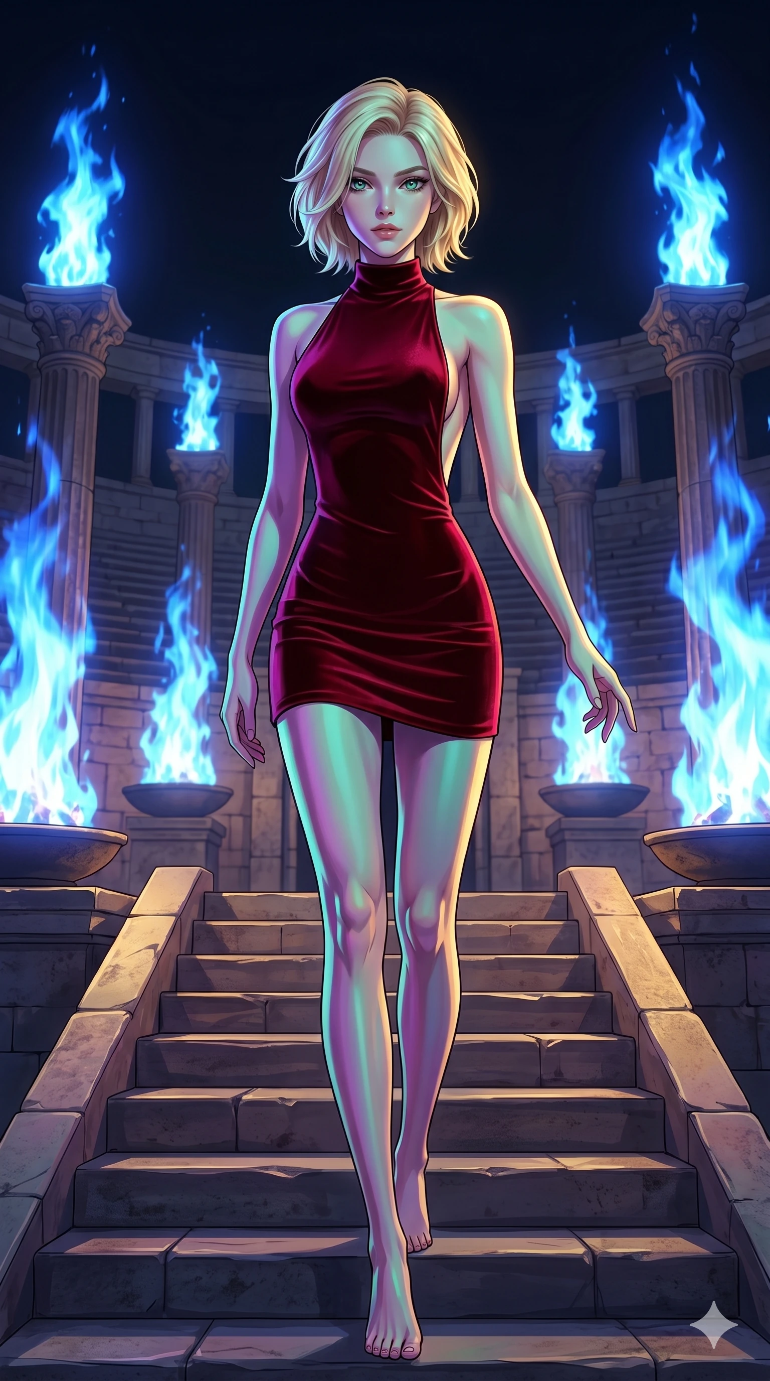 score_9, masterpiece, best quality, ultra-detailed, high-budget anime keyframe, editorial fashion photography, tasteful artistic composition, Caucasian woman, strictly human ears. low angle full-body shot from head to toe showing her feet, filling the entire 9:16 vertical frame with her statuesque presence, stretching her vertical silhouette. Descending like royalty with one hand trailing behind her at the center of an outdoor stone amphitheater surrounded by towering pillars of blue flame. She has an absolutely perfect 8-heads proportion, an exceptionally tall and slender female figure with impossibly long slender legs and an ultra-slim waist. V-shaped jawline, high-bridge nose, intricate jewel-like eyes with depth, thick eyelashes, glossy lips with a natural sheen. wearing a high-neck mini dress in deep crimson velvet with a dramatically scooped open-back design and a precision-fitted silhouette ending at mid-thigh. lit by high-contrast holographic projection lighting with vivid colored shadows that define her form. 2k, ultra detail, master piece, 9:16 ratio