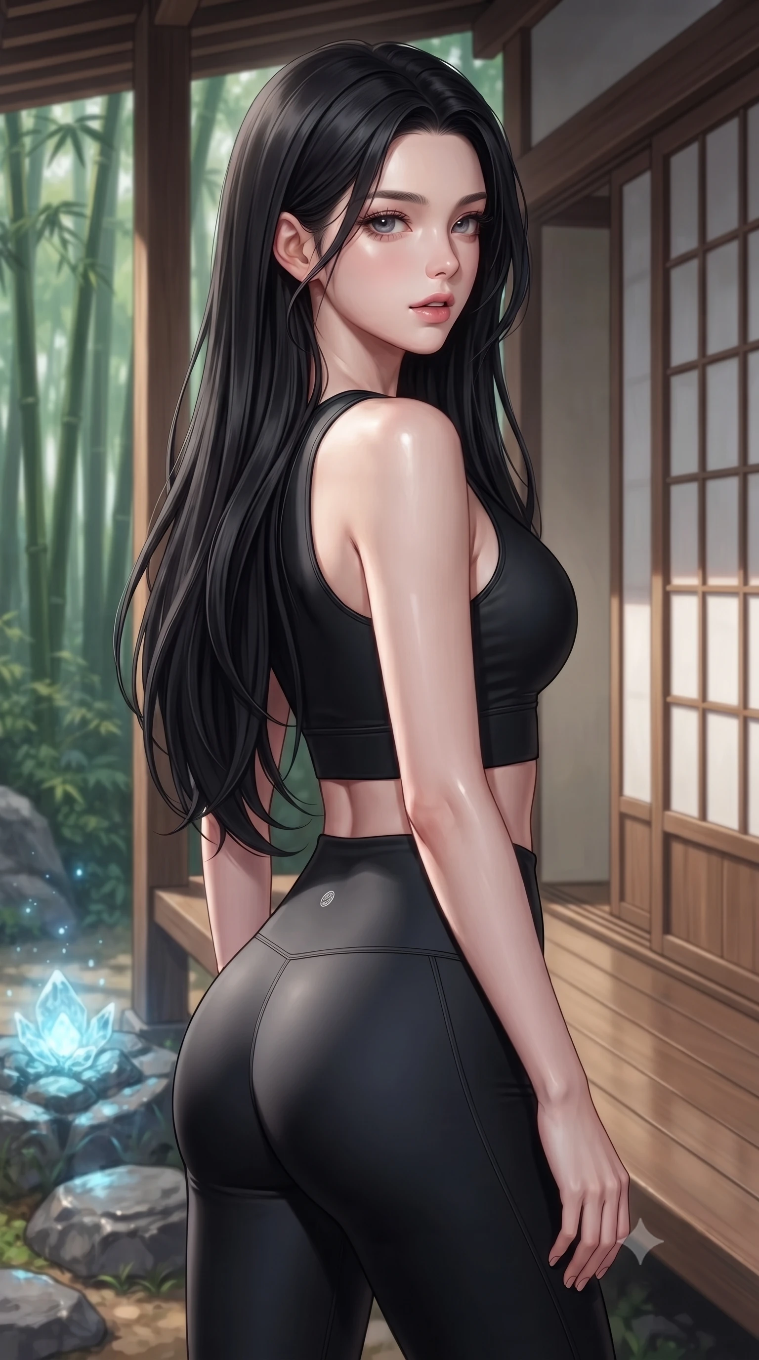 score_9, masterpiece, best quality, ultra-detailed, high-budget anime keyframe, editorial fashion photography, tasteful artistic composition, Korean woman. close-up cowboy shot from the waist and thighs up, the character dominates the composition, filling the frame with her large presence, background elements kept in soft focus. turning her face in profile to look over her shoulder, casting a smoldering side gaze with lips slightly parted, the background shows a soft-focus a bamboo forest veranda made of polished wood and sliding screens. She has an exceptionally elegant, slender, and willowy female figure with an ultra-slim waist, a gracefully sculpted slender torso, and a refined silhouette. sharp v-shaped jawline, high-bridge nose, intricate jewel-like eyes with depth, thick eyelashes, glossy lips with a natural sheen. wearing a body-hugging form-fitting athletic crop top and matching high-waisted compression leggings in sleek carbon-black tech fabric. soft blue light radiating from digital rocks onto her refined profile. ultra-reflective glossy finish, specular highlights, metallic sheen, high-contrast stereoscopic depth, volumetric dynamic lighting, 2k, ultra detail, master piece, 9:16 ratio