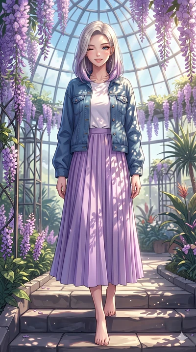 score_9, masterpiece, best quality, ultra-detailed, high-budget anime keyframe, vibrant anime aesthetic, Caucasian woman, strictly human ears. low angle full-body shot from head to toe showing her feet, filling the entire 9:16 vertical frame with her