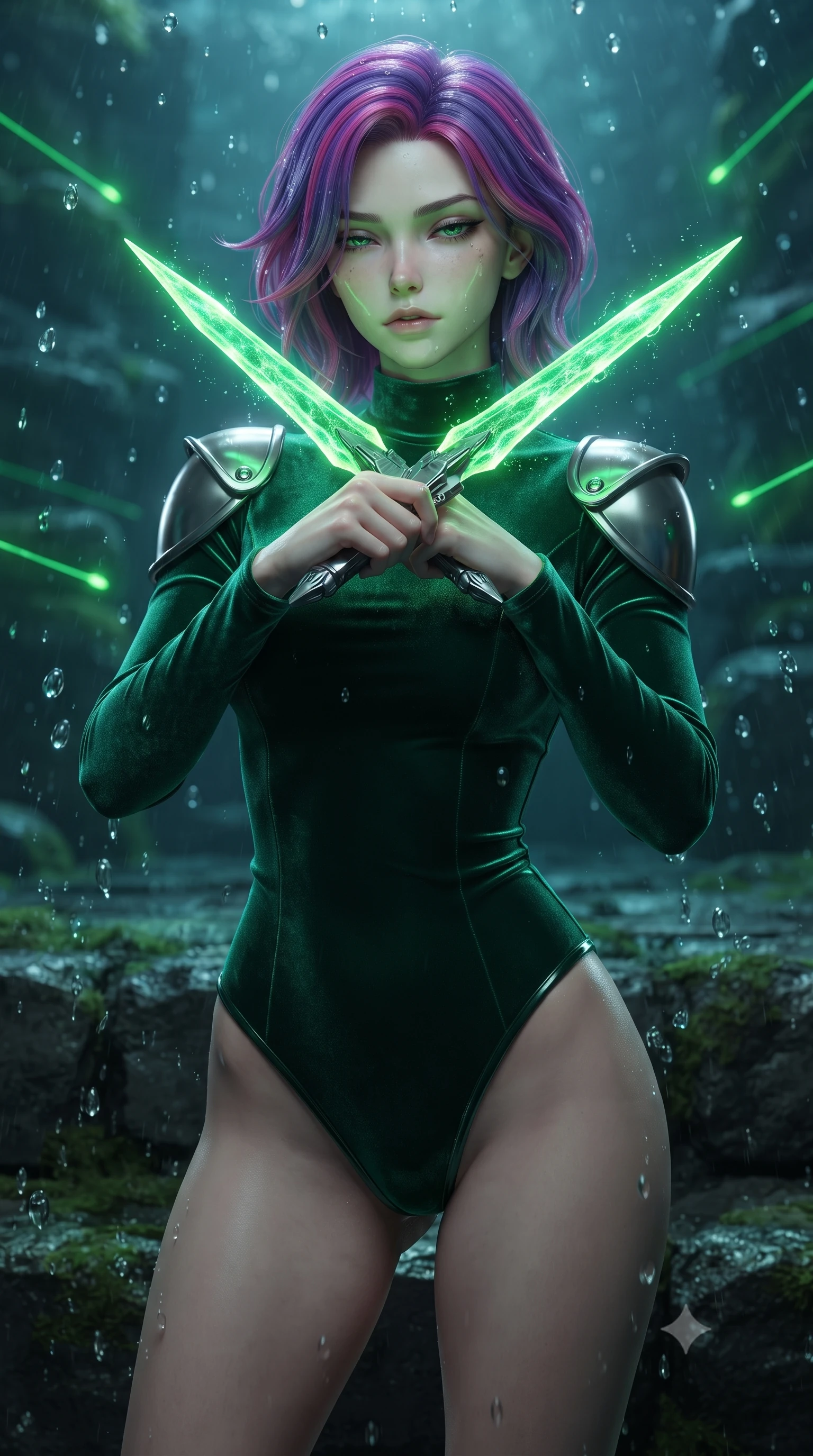 score_9, masterpiece, best quality, ultra-detailed, high-budget anime keyframe, editorial fashion photography, tasteful artistic composition, Caucasian woman. close-up cowboy shot from the waist and thighs up, the character dominates the composition, filling the frame with her large presence, background elements kept in soft focus. holding two energy daggers crossed in front of her elegant collarbone, casting a heavy-lidded, sultry look, the background shows a soft-focus an underwater dock for personal submarines made of dark basalt stone. She has an exceptionally elegant, slender, and willowy female figure with an ultra-slim waist, a gracefully sculpted slender torso, and a refined silhouette. sharp v-shaped jawline, high-bridge nose, intricate jewel-like eyes with depth, thick eyelashes, glossy lips with a natural sheen. wearing a form-contouring form-contouring deep emerald green velvet bodysuit with a high mock-neck collar and structured shoulder guards. fluorescent green dock status lasers refracting through water droplets. ultra-reflective glossy finish, specular highlights, metallic sheen, high-contrast stereoscopic depth, volumetric dynamic lighting, 2k, ultra detail, master piece, 9:16 ratio