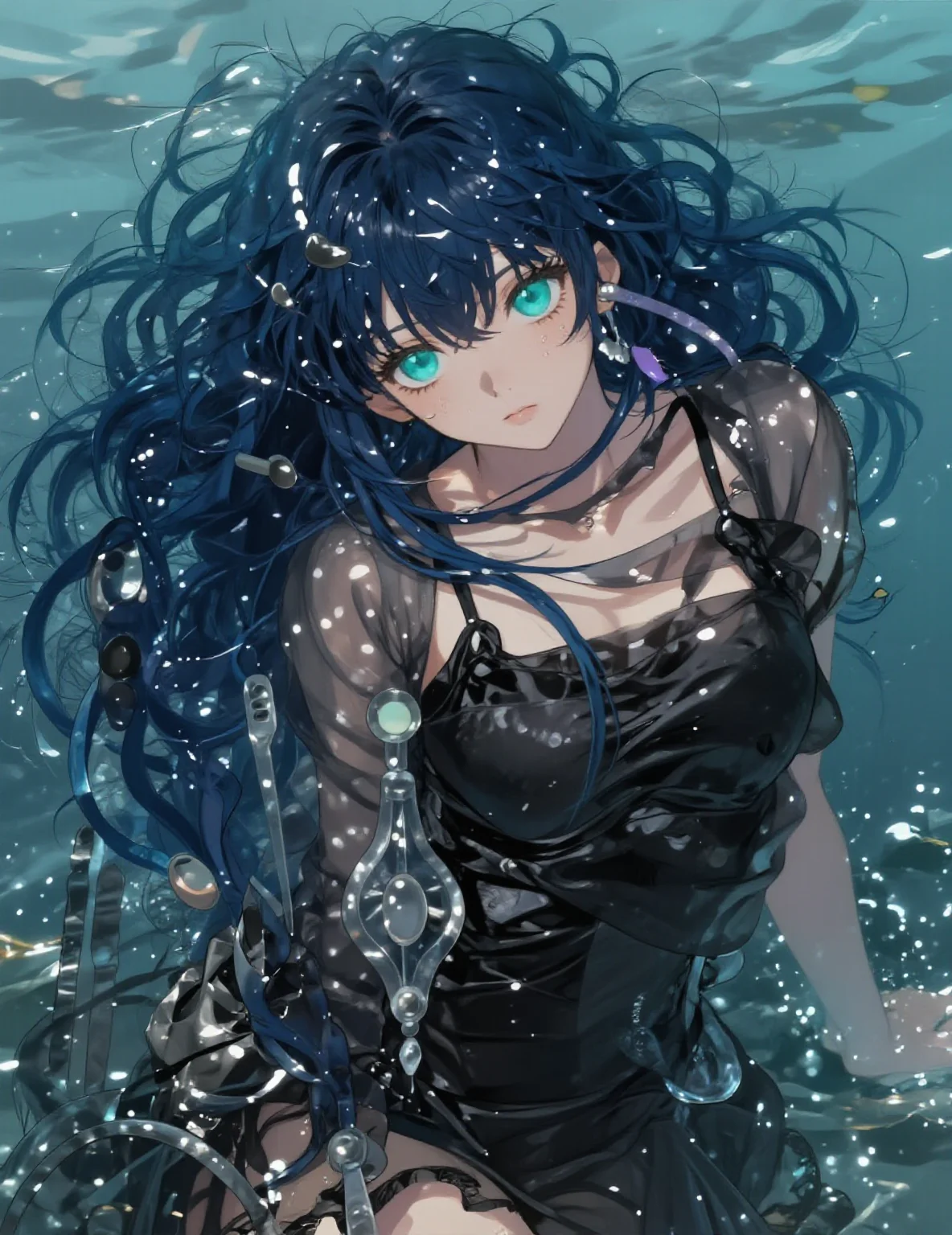 A semi-realistic Japanese manga style female teenager, 175cm tall, with long flowing blue-black hair with a wet look and aqua turquoise eyes glowing vividly. She wears a black satin slip dress with sheer outerwear, reflecting a Gen Z luxury aesthetic, in a submerged dreamy atmosphere with water reflections.