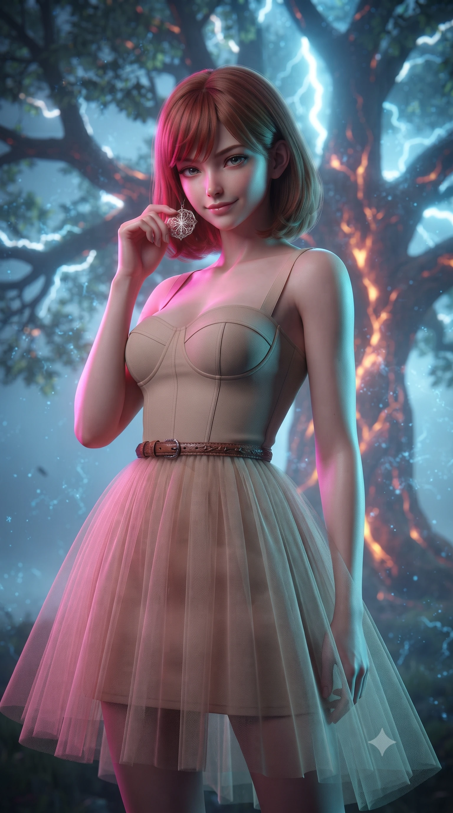 score_9, masterpiece, best quality, ultra-detailed, high-budget anime keyframe, editorial fashion photography, tasteful artistic composition, Caucasian woman, strictly human ears. close-up cowboy shot from the waist and thighs up, the character dominates the composition, filling the frame with her large presence, background elements kept in soft focus. Holding a delicate object up near her face while gazing at the viewer with a knowing smile. set against a soft-focus background of beside a massive ancient oak tree at the exact moment of lightning strike the wood glowing from within like veins of fire every leaf edge electrified with corona discharge and the air itself crackling with ozone. She has an exceptionally elegant and slender, willowy female figure with an ultra-slim waist, a gracefully sculpted slender torso, and a refined slim physique. sharp v-shaped jawline, high-bridge nose, intricate jewel-like eyes with depth, thick eyelashes, glossy lips with a natural sheen. wearing a transparent overlay skirt in beige tulle over a fitted matching mini dress, styled with a leather belt. dual-tone lighting with hot magenta from the left and cool cyan from the right. 2k, ultra detail, master piece, 9:16 ratio