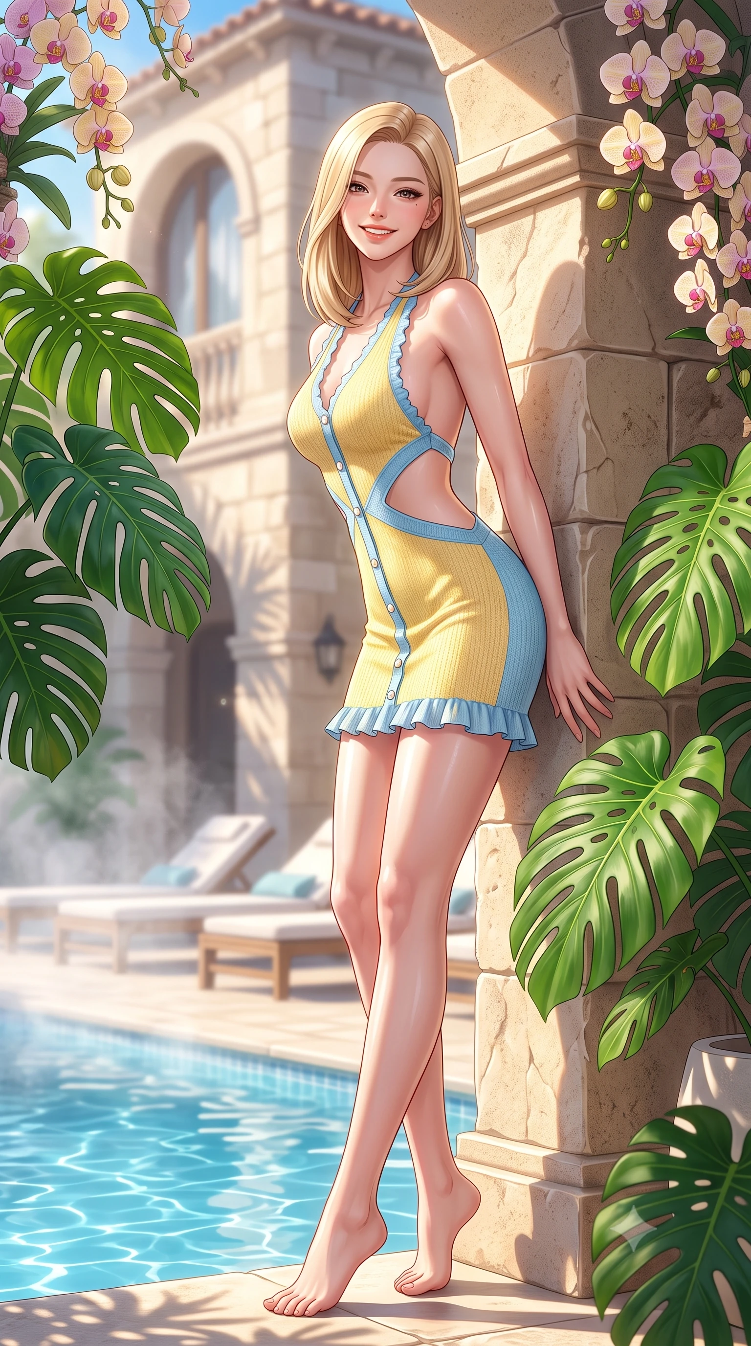score_9, masterpiece, best quality, ultra-detailed, high-budget anime keyframe, semi-realistic 3D game render, editorial fashion photography, tasteful artistic composition, Korean woman. low angle full-body shot from head to toe showing her feet, filling the entire 9:16 vertical frame with her statuesque presence, stretching her vertical silhouette. leaning deep against the sunlit architecture with hips cocked back in a cute yet unapologetically alluring high-fashion stance, flashing a warm beaming smile while standing poised between giant emerald monstera fronds, twisting her slender torso in an alluring S-curve in the filtered sunbeams. The composition keeps background elements in soft focus with dreamy creamy bokeh. cascading flowering orchids and misty water vapors softened in romantic botanical shallow focus. She has an exceptionally tall and slender model-like 8.5-heads proportion, an ultra-slim waist, a flat toned midriff, narrow delicate ribcage, and beautifully sculpted feminine hips creating a graceful, slim hourglass silhouette without any bulky heaviness, with impossibly long slender legs. sharp v-shaped jawline, high-bridge nose, intricate jewel-like sparkling eyes with depth, thick eyelashes, glossy parted lips with a natural peach sheen, bright cheerful beaming smile with an enchanting and coquettish sensual glint, exuding both youthful cute charm and seductive allure, flawlessly proportioned anatomical accuracy, strict slender model proportions, natural body alignment, perfectly sculpted long slender limbs, ultra-slim waistline, clean dynamic posture without body distortion. wearing a backless pastel halter sundress with side-waist diamond cutouts and an ultra-fitted hip-hugging silhouette in sunny daffodil yellow and clear sky blue, crafted from soft cozy cashmere yarn with an airy drape, finished with subtle ruffle trims and delicate pearl buttons, the precision-cut side openings and low-back scoop framing her graceful spine and the sensual sweep of her slim, toned hips. illuminated by sparkling pool water caustics sharply sculpting her razor-sharp jawline, narrow waist, and curvy hips. highly saturated vibrant anime colors, detailed shading with soft gradients, rich glossy textures, high-contrast stereoscopic depth, volumetric dynamic lighting, master piece, 9:16 ratio