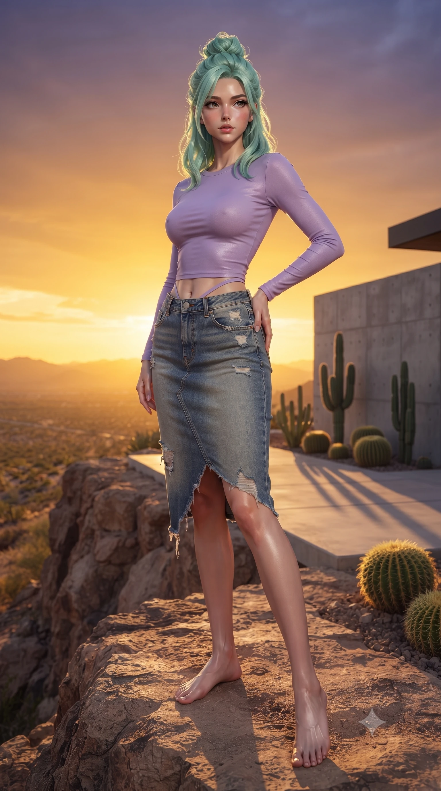score_9, masterpiece, best quality, ultra-detailed, high-budget anime keyframe, editorial fashion photography, tasteful artistic composition, Japanese woman woman. low angle full-body shot from head to toe showing her feet, filling the entire 9:16 vertical frame with her statuesque presence, stretching her vertical silhouette. standing proud on a scenic cliff overlooking the valley, her silhouette framed by the golden sky the background shows a soft-focus a patio of a modern concrete villa in the desert, with minimalist cacti landscaping. She has an absolutely perfect, statuesque 8.5-heads proportion, an exceptionally tall and slender model-like female figure with impossibly long slender legs and an ultra-slim waist. sharp v-shaped jawline, high-bridge nose, intricate jewel-like eyes with depth, thick eyelashes, glossy lips with a natural sheen. wearing a body-hugging modern crop top in lavender cotton paired with a low-rise denim skirt and a subtle waist cut-out. the dramatic orange glow of a desert sunset casting long shadows of the cacti. ultra-reflective glossy finish, specular highlights, metallic sheen, high-contrast stereoscopic depth, volumetric dynamic lighting, 2k, ultra detail, master piece, 9:16 ratio