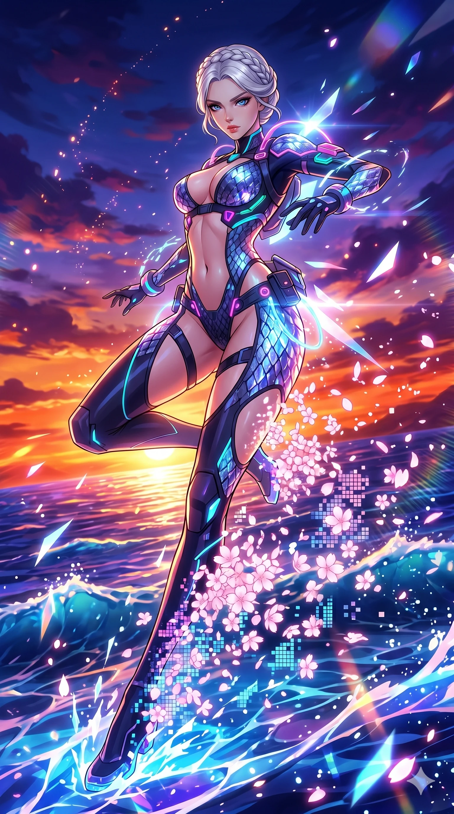 score_9, masterpiece, best quality, ultra-detailed, High-budget Anime Keyframe, vibrant colors, fluid line-art, expressive lighting, cinematic composition, Ufotable-style visual effects, top-tier animation quality, Korean woman with idol-like refined features. Dynamic full-body shot stretching the vertical silhouette, capturing her from a powerful low-angle perspective. Vanishing into a sudden cloud of glowing cherry blossoms and digital pixels to escape an incoming attack. She has an absolutely perfect 8-heads proportion, an exceptionally tall and slender female figure with impossibly long slender legs and an ultra-slim waist, her statuesque height and towering silhouette dominating the vertical 9:16 frame. Her face is a masterpiece featuring a sharp v-shaped jawline, high-bridge nose, intricate jewel-like eyes with depth, thick eyelashes, and glossy lips with a natural sheen. She is wearing a Futuristic pilot suit with an exposed midriff and a high-cut structural frame crafted from Obsidian-glass scales that shimmer with a dark, crystalline brilliance, with integrated neon-lit tactical gear and suggestive cutouts on the thighs. The scene is set in a vibrant sunset over a futuristic crystalline ocean with waves made of liquid light, illuminated by dynamic strobe effects that capture her movement in a series of sharp fragments. 2k, ultra detail, master piece, 9:16 ratio
