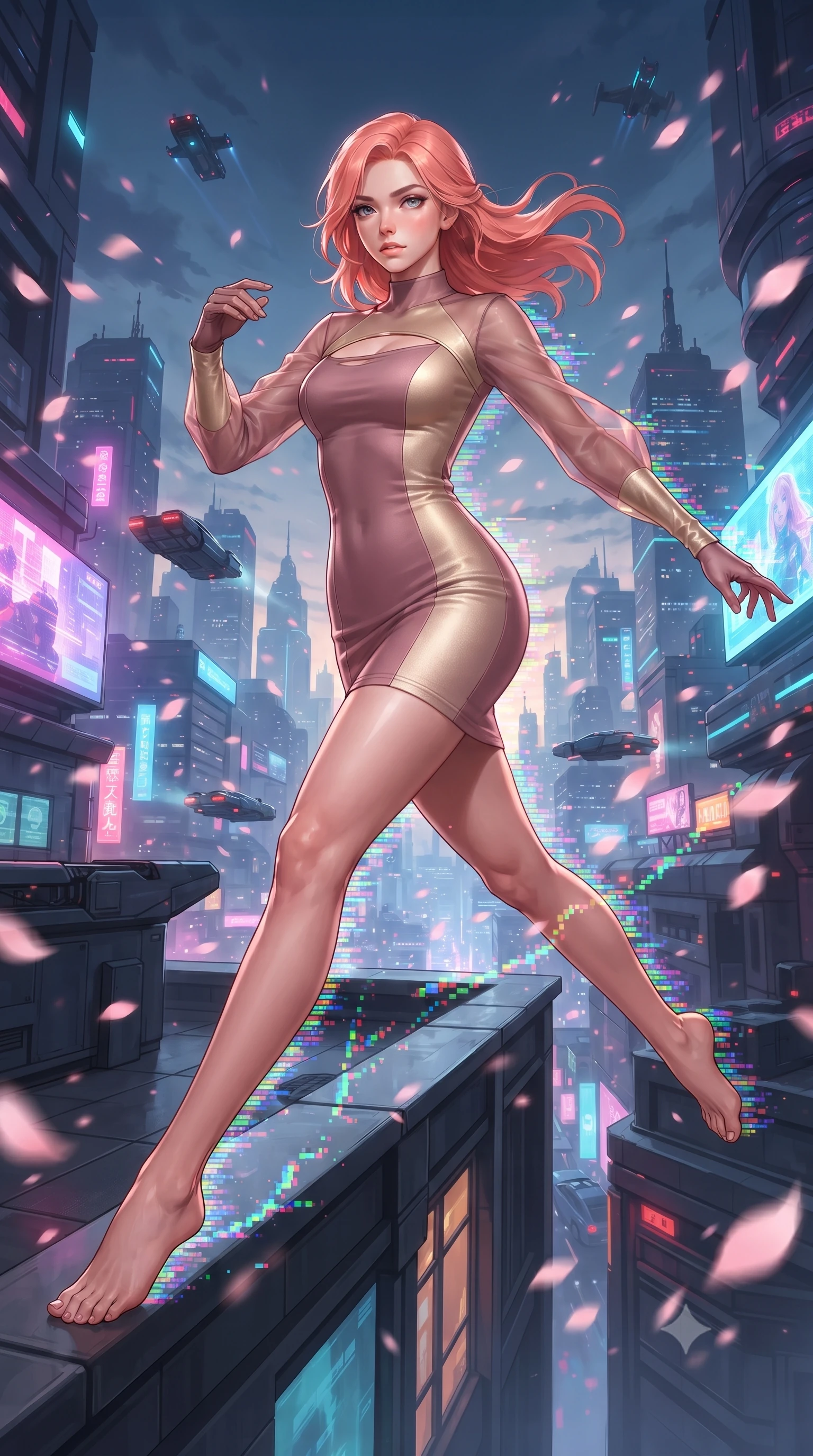 score_9, masterpiece, best quality, ultra-detailed, high-budget anime keyframe, editorial fashion photography, tasteful artistic composition, Japanese woman. low angle full-body shot from head to toe showing her feet, filling the entire 9:16 vertical frame with her statuesque presence, stretching her vertical silhouette. performing an athletic mid-air rotation with flawless poise, her vertical silhouette beautifully stretched while leaping across the ledge of a skyscraper rooftop as digital sakura petals blizzard around her, RGB glitch noise patterns casting colorful pixel trails along her movement. She has an absolutely perfect, statuesque 8.5-heads proportion, an exceptionally tall and slender model-like female figure with impossibly long slender legs and an ultra-slim waist. sharp v-shaped jawline, high-bridge nose, intricate jewel-like eyes with depth, thick eyelashes, glossy lips with a natural sheen, flawlessly proportioned anatomical accuracy, natural body alignment, perfectly sculpted elegant limbs, clean dynamic posture without body distortion. wearing a sleek bodycon knit dress with strategic sheer organza sleeve panels in dusty rose and champagne gold, formed from sleek second-skin neoprene, accented with a Tasteful chest slit framing her clavicle gracefully, the glove-like fit emphasizing her statuesque silhouette during motion. surrounded by a high-energy futuristic cityscape atmosphere. ultra-reflective glossy finish, specular highlights, metallic sheen, high-contrast stereoscopic depth, volumetric dynamic lighting, 2k, ultra detail, master piece, 9:16 ratio