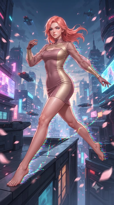 score_9, masterpiece, best quality, ultra-detailed, high-budget anime keyframe, editorial fashion photography, tasteful artistic composition, Japanese woman. low angle full-body shot from head to toe showing her feet, filling the entire 9:16 vertical