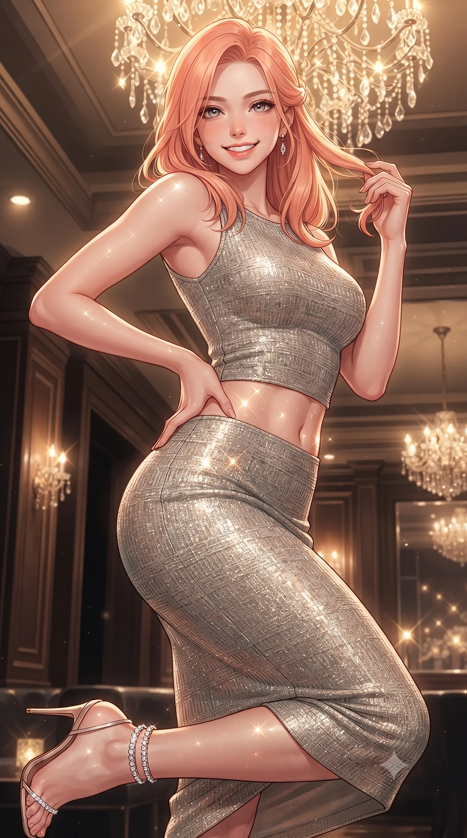 score_9, masterpiece, best quality, ultra-detailed, high-budget anime keyframe, editorial fashion photography, tasteful artistic composition, Japanese woman. close-up cowboy shot from the waist and thighs up, the character dominates the composition, filling the frame with her large presence. twisting her slender torso in an alluring contrapposto stance, one hand resting on her sculpted hip while her fingers toy with her hair with effortless poise while twisting her slender torso in an alluring S-curve, warm crystal chandelier facets casting diamond sparks across her flat midriff and hips. The surrounding environment is rendered in vivid detail and crisp panoramic clarity: detailed garment cut, bodycon tailoring, and French resort heritage craft in razor-sharp precision. She has an exceptionally elegant, slender, and willowy female figure with an ultra-slim waist, flat toned midriff, narrow ribcage, and sculpted feminine hips creating an alluring, slim hourglass silhouette without bulk. sharp v-shaped jawline, high-bridge nose, intricate jewel-like sparkling eyes with depth, thick eyelashes, glossy parted lips with a natural peach sheen, bright cheerful beaming smile with an enchanting and coquettish sensual glint, exuding both youthful cute charm and seductive allure, flawlessly proportioned anatomical accuracy, strict slender model proportions, natural body alignment, perfectly sculpted long slender limbs, ultra-slim waistline, clean dynamic posture without body distortion. wearing a body-contouring metallic lurex knit column dress casting radiant starlight shimmer across her flat midriff and curves in Deauville Belle Époque champagne luster and seafoam pearl, woven from structured British tweed with subtle metallic flecks, complemented by strappy stiletto sandals with crystal ankle wraps accentuating her slender calves, the liquid-tight tailored fabric clinging flawlessly to her narrow waist and rounded feminine hips, emphasizing every millimeter of her sculpted slim hourglass curves without any bulky heaviness. bathed in the warm radiant 2600K golden illumination of multi-tiered crystal chandeliers dimmed to an intimate VIP salon ambiance. ultra-reflective glossy finish, specular highlights, rich textural contrasts, high-contrast stereoscopic depth, volumetric dynamic lighting, 2k, ultra detail, master piece, 9:16 ratio