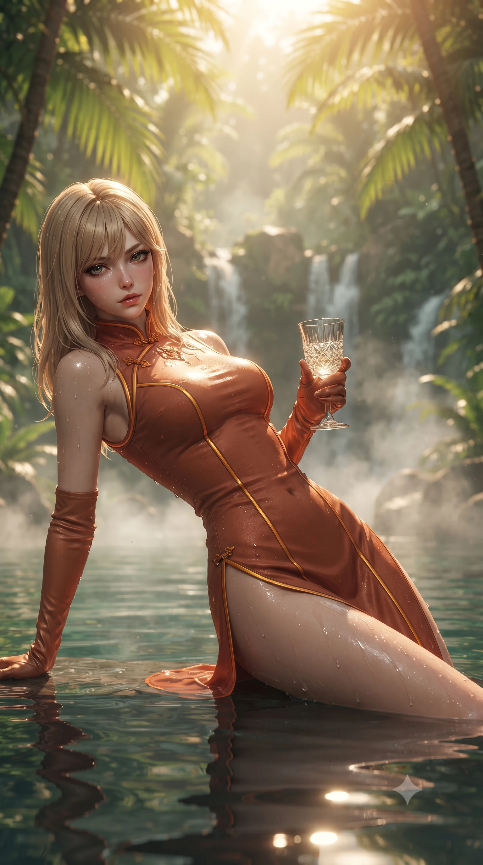 score_9, masterpiece, best quality, ultra-detailed, high-budget anime keyframe, editorial fashion photography, tasteful artistic composition, Japanese woman. close-up cowboy shot from the waist and thighs up, the character dominates the composition, filling the frame with her large presence. leaning back with relaxed seductive grace, her sculpted collarbones and narrow waist highlighted as she casts smoldering bedroom-eyes directly into the camera while wading through the warm emerald pool beneath giant tropical palm fronds, arching her spine in pure tropical relaxation. The composition keeps background elements in soft focus with creamy bokeh. cascading jungle waterfalls and rising morning mist vapors softened in exotic shallow focus. She has an exceptionally elegant, slender, and willowy female figure with an ultra-slim waist, flat toned midriff, narrow ribcage, and sculpted feminine hips creating an alluring, slim hourglass silhouette without bulk. sharp v-shaped jawline, high-bridge nose, intricate jewel-like eyes with depth, thick eyelashes, glossy parted lips with a natural sheen, intensely captivating and seductive bedroom-eyes expression, flawlessly proportioned anatomical accuracy, strict slender model proportions, natural body alignment, perfectly sculpted long slender limbs, ultra-slim waistline, clean dynamic posture without body distortion. wearing a modernized cyber-qipao mini dress with an ultra-high side slit ascending to the hip and glowing piping in molten desert gold and burnt terracotta, tailored from water-resistant treated wool gabardine and flexible stretch silk, accessorized with opera-length satin gloves and a vintage crystal glass, the liquid-tight tailored fabric clinging flawlessly to her narrow waist and rounded feminine hips, emphasizing every millimeter of her sculpted slim hourglass curves without any bulky heaviness. bathed in warm tropical golden morning sunlight filtering through jungle canopy foliage. ultra-reflective glossy finish, specular highlights, rich textural contrasts, high-contrast stereoscopic depth, volumetric dynamic lighting, 2k, ultra detail, master piece, 9:16 ratio