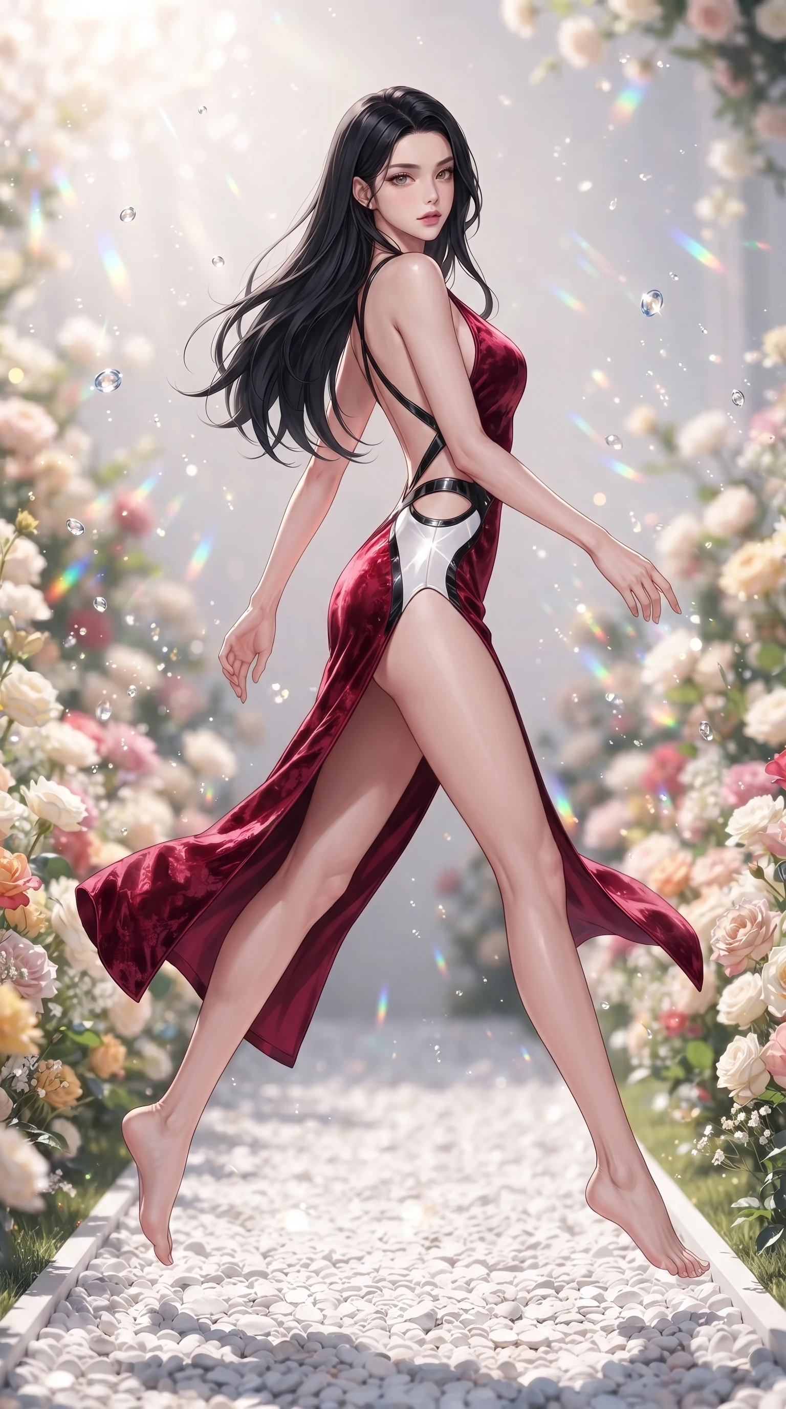 score_9, masterpiece, best quality, ultra-detailed, high-budget anime keyframe, editorial fashion photography, tasteful artistic composition, Korean woman. low angle full-body shot from head to toe showing her feet, filling the entire 9:16 vertical frame with her statuesque presence, stretching her vertical silhouette. leaping through mid-air with an athletic yet alluring arch of her spine, her impossibly long slender legs stretched in flawless poise while stepping gracefully along a white pebble pathway with a magnetic, seductive backward glance into the lens. The composition keeps background elements in soft focus with creamy bokeh. sparkling sunlight water droplets scattering prismatic light motes across a luminous backdrop. She has an absolutely perfect, statuesque 8.5-heads proportion, an exceptionally tall and slender model-like female figure with impossibly long slender legs, a toned flat midriff, and an ultra-slim waist. sharp v-shaped jawline, high-bridge nose, intricate jewel-like eyes with depth, thick eyelashes, glossy lips with a natural sheen, flawlessly proportioned anatomical accuracy, strict slender model proportions, natural body alignment, perfectly sculpted long slender limbs, ultra-slim waistline, clean dynamic posture without body distortion. wearing a backless crimson crushed velvet gown with a deep plunging V-neckline, strategic hip cutouts, and an ultra-high thigh slit in high-gloss monochrome white and sharp black contrast, tailored from semi-translucent cybernetic vinyl with glowing micro-filaments, complemented by criss-cross back straps highlighting her completely bare spine, the form-contouring material adhering flawlessly to her sculpted flat midriff and slender torso, emphasizing her long leg lines and perfectly proportioned willowy build. surrounded by an opulent, romantic, and breathtakingly fresh floral goddess atmosphere. ultra-reflective glossy finish, specular highlights, metallic sheen, high-contrast stereoscopic depth, volumetric dynamic lighting, 2k, ultra detail, master piece, 9:16 ratio