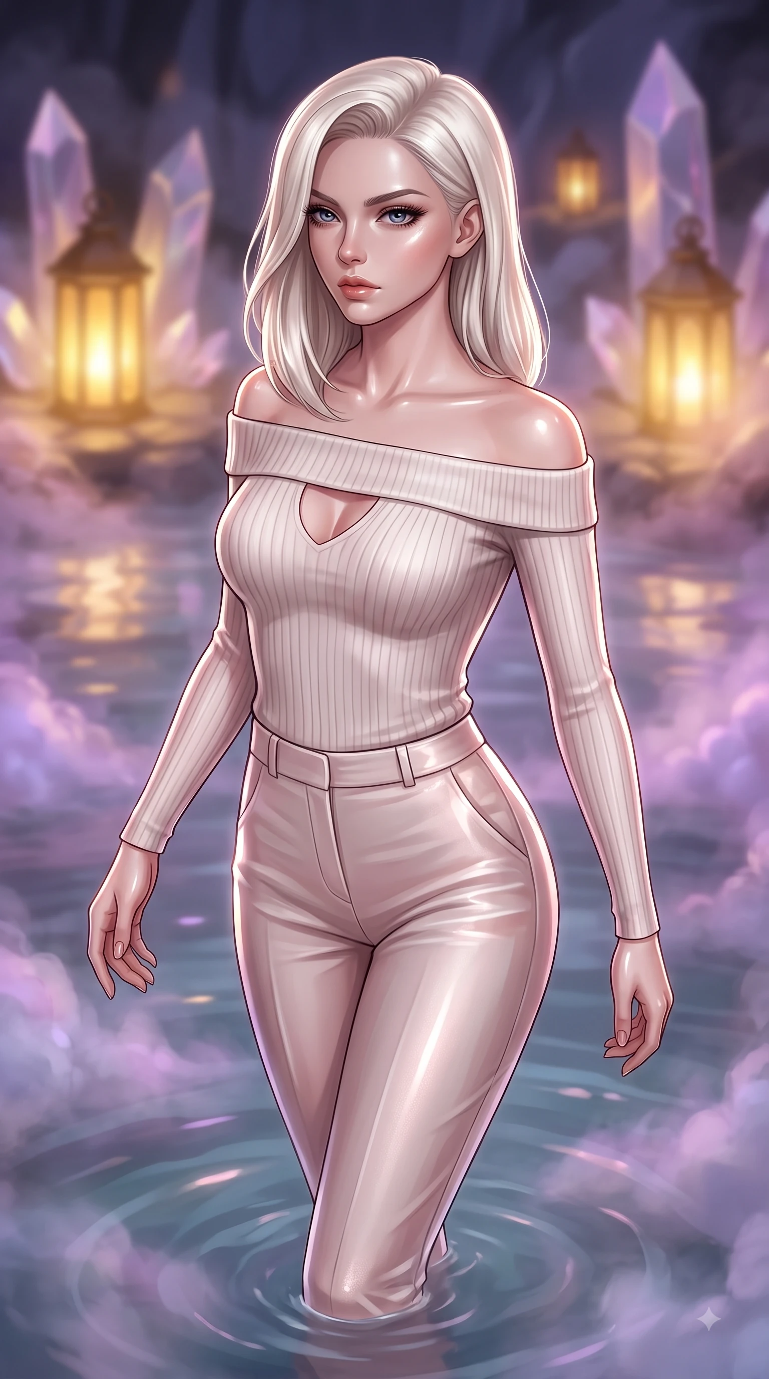 score_9, masterpiece, best quality, ultra-detailed, high-budget anime keyframe, editorial fashion photography, tasteful artistic composition, Caucasian woman. close-up cowboy shot from the waist and thighs up, the character dominates the composition, filling the frame with her large presence, background elements kept in soft focus. Gazing past the lens with smoldering intensity as her torso curves dynamically in mid-stride while floating dynamically in a tranquil thermal pool as crystal spires reflect warm golden lantern light, swirling thermal steam clouds scattering soft violet and magenta mineral light in mid-air. She has an exceptionally elegant, slender, and willowy female figure with an ultra-slim waist, a gracefully sculpted slender torso, and a refined silhouette. sharp v-shaped jawline, high-bridge nose, intricate jewel-like eyes with depth, thick eyelashes, glossy lips with a natural sheen, flawlessly proportioned anatomical accuracy, natural body alignment, perfectly sculpted elegant limbs, clean dynamic posture without body distortion. wearing a sleek off-shoulder ribbed knit top paired with high-waist tailored pants in pearl white and rose gold, woven from fine semi-opaque sheer organza, accented with a Tasteful chest slit framing her clavicle gracefully, the sleek second-skin texture accentuating her magnetic presence. surrounded by a tranquil, spa-like aura with bright specular rim lights. ultra-reflective glossy finish, specular highlights, metallic sheen, high-contrast stereoscopic depth, volumetric dynamic lighting, 2k, ultra detail, master piece, 9:16 ratio