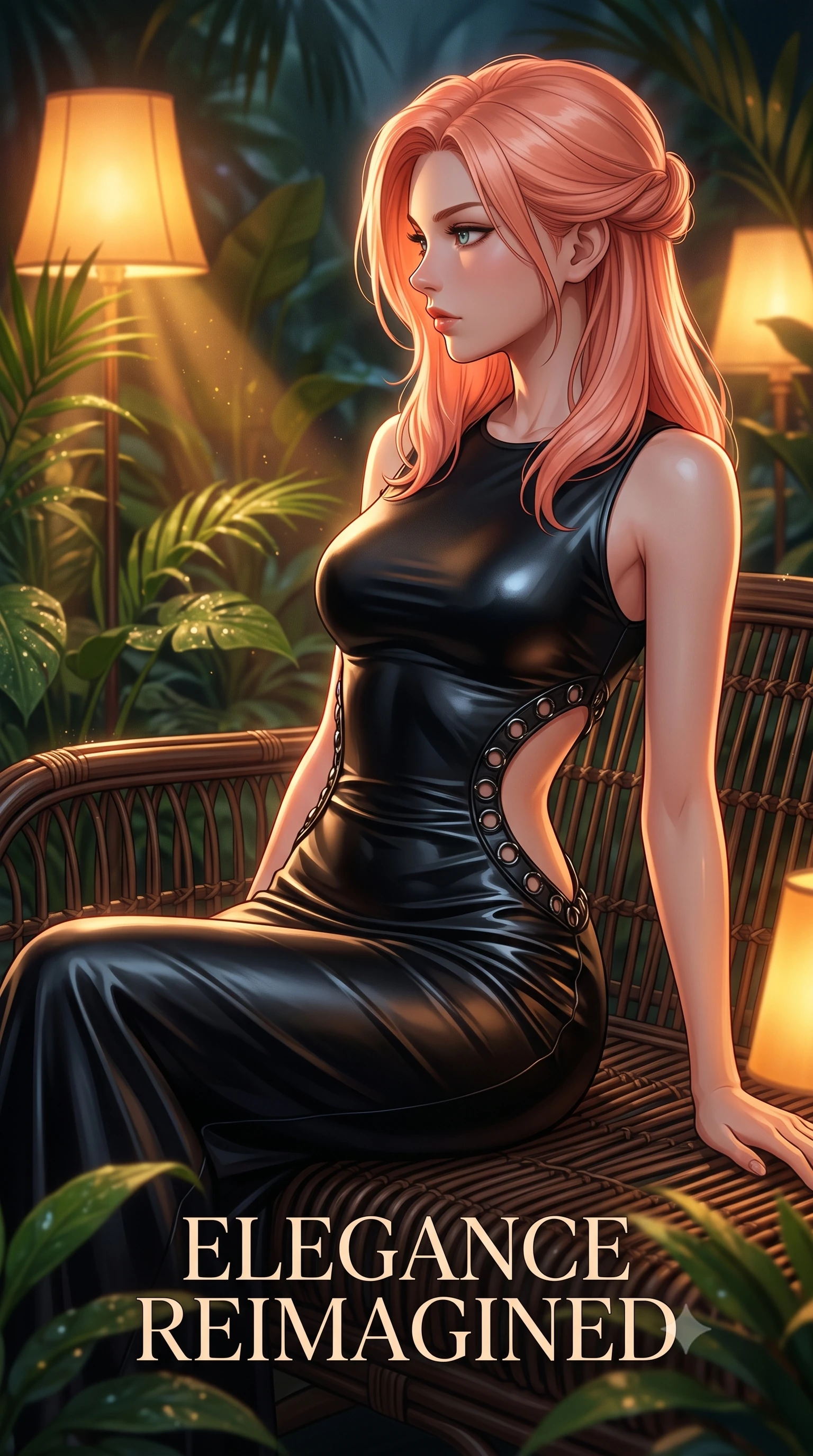 score_9, masterpiece, best quality, ultra-detailed, high-budget anime keyframe, editorial fashion photography, tasteful artistic composition, Japanese woman. close-up cowboy shot from the waist and thighs up, the character dominates the composition, filling the frame with her large presence, background elements kept in soft focus. Turning her face in sharp dramatic profile against the key light, resting on a dark rattan daybed surrounded by humid, dew-covered tropical flora, warm amber floor lamps casting intimate golden rays through plant foliage. She has an exceptionally elegant, slender, and willowy female figure with an ultra-slim waist, a gracefully sculpted slender torso, and a refined silhouette. sharp v-shaped jawline, high-bridge nose, intricate jewel-like eyes with depth, thick eyelashes, glossy lips with a natural sheen. wearing fitted liquid mercury jersey maxi dress hugging every curve in pitch-black onyx, made of polished black leather, trimmed with dark chrome ring hardware along the waist contours, following her slender form with tailored precision. illuminated by warm amber floor lights filtering through tropical greenery. highly saturated vibrant anime colors, detailed shading with soft gradients, rich glossy textures, high-contrast stereoscopic depth, volumetric dynamic lighting, master piece, 9:16 ratio