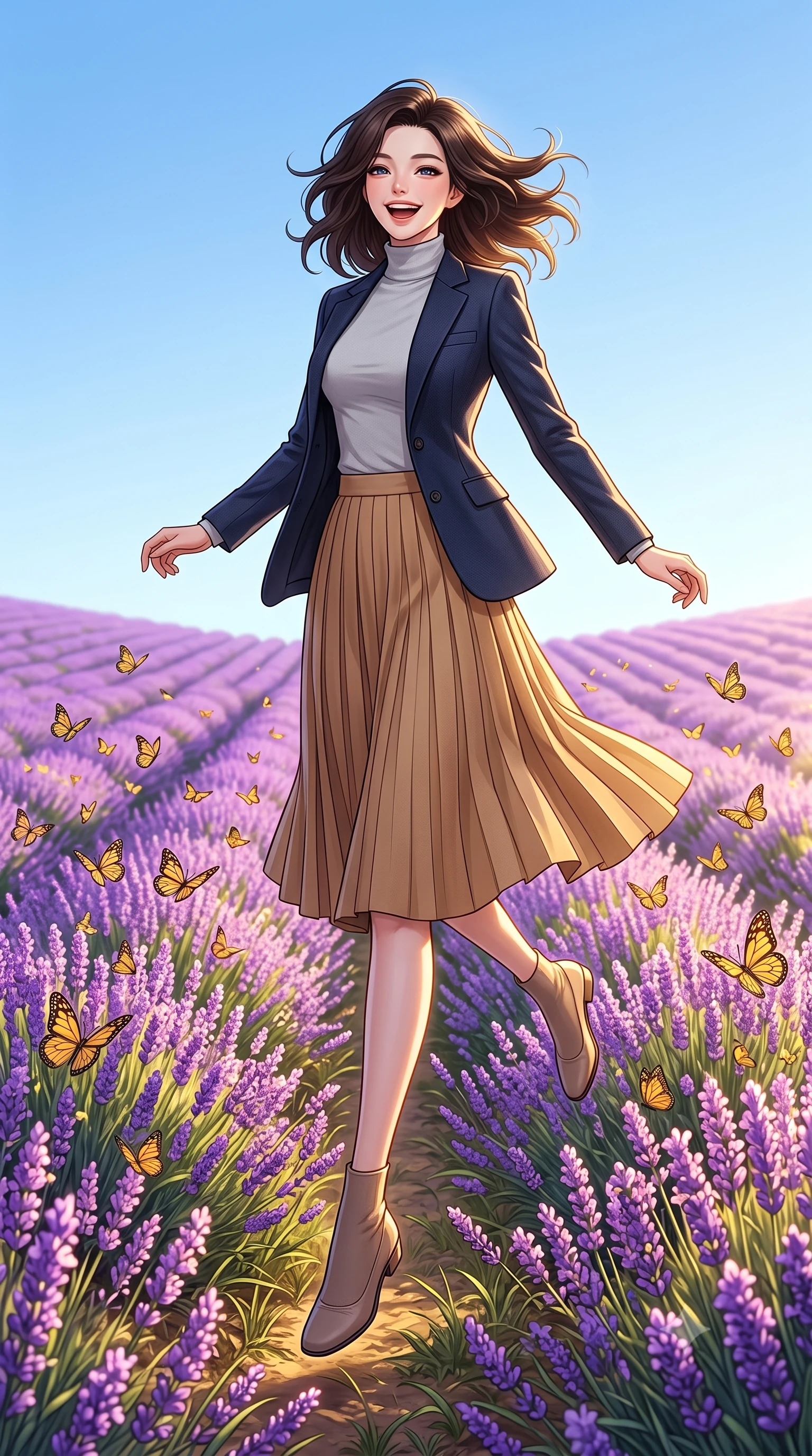 score_9, masterpiece, best quality, ultra-detailed, high-budget anime keyframe, editorial fashion photography, tasteful artistic composition, Korean woman. low angle full-body shot from head to toe showing her feet, filling the entire 9:16 vertical frame with her statuesque presence, stretching her vertical silhouette. leaping gracefully with a bright, joyful laugh through in an endless rolling valley covered in blooming violet lavender under a clear sky, with swarms of yellow butterflies dancing over the flowers. She has a statuesque 8.5-heads proportion, an exceptionally tall, slender and willowy model-like build with impossibly long legs and a highly sculpted ultra-slim waist. sharp v-shaped jawline, high-bridge nose, intricate jewel-like eyes with depth, thick eyelashes, glossy lips with a natural sheen. wearing a sleek slim-fit navy blazer layered over a light grey turtleneck and a tailored pleated camel midi skirt. bright golden morning sunbeams illuminating the purple flowers, creating a saturated, warm purple and gold atmosphere. 2k, ultra detail, master piece, 9:16 ratio
