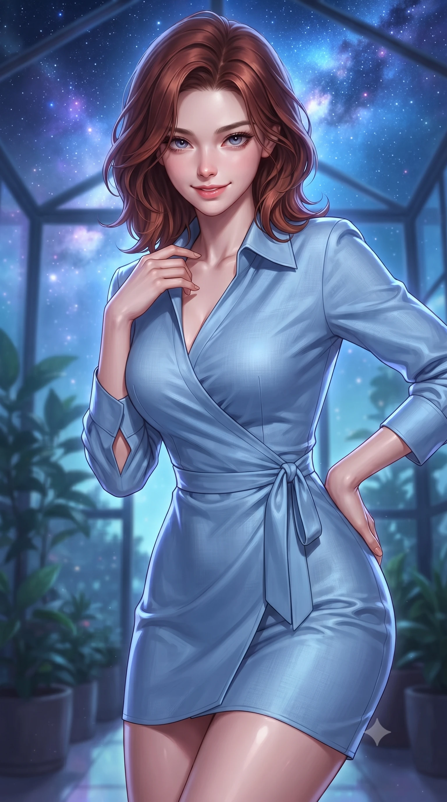 score_9, masterpiece, best quality, ultra-detailed, high-budget anime keyframe, editorial fashion photography, tasteful artistic composition, Korean woman. close-up cowboy shot from the waist and thighs up, the character dominates the composition, filling the frame with her large presence, background elements kept in soft focus. leaning slightly forward with a playful, teasing smile, her gaze locked onto the viewer the background shows a soft-focus an indoor botanical sanctuary with glass walls looking at a starry nebula sky. She has an exceptionally elegant, slender, and willowy female figure with an ultra-slim waist, a gracefully sculpted slender torso, and a refined silhouette. sharp v-shaped jawline, high-bridge nose, intricate jewel-like eyes with depth, thick eyelashes, glossy lips with a natural sheen. wearing a body-hugging classic linen wrap shirt dress in sky blue with a structured collar and waist tie. cool blue and violet nebula glow wrapping her silhouette in a celestial wash. ultra-reflective glossy finish, specular highlights, metallic sheen, high-contrast stereoscopic depth, volumetric dynamic lighting, 2k, ultra detail, master piece, 9:16 ratio