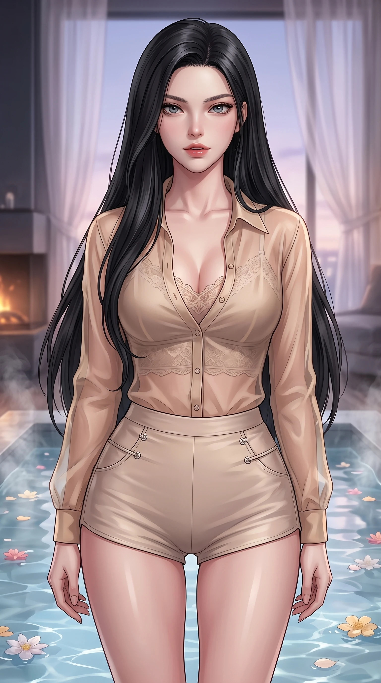 score_9, masterpiece, best quality, ultra-detailed, high-budget anime keyframe, editorial fashion photography, tasteful artistic composition, Korean woman. close-up cowboy shot from the waist and thighs up, the character dominates the composition, filling the frame with her large presence, background elements kept in soft focus. gazing directly into the camera with a smoldering, magnetic half-smile, her glossy lips parted alluringly set against a soft-focus background of inside an exclusive fireplace lounge with rising mineral steam and floating flower petals on the clear water surface. She has an exceptionally elegant, slender, and willowy female figure with an ultra-slim waist, a gracefully sculpted slender torso, and a refined silhouette. sharp v-shaped jawline, high-bridge nose, intricate jewel-like eyes with depth, thick eyelashes, glossy lips with a natural sheen. wearing slim-fit warm beige sheer organza sheer organza button-up shirt worn over a lace-accented crop top and high-cut mini shorts accented with delicate silver hardware. softened by diffused twilight glow filtering through sheer chiffon window curtains. highly saturated vibrant anime colors, detailed shading with soft gradients, rich glossy textures, high-contrast stereoscopic depth, volumetric dynamic lighting, master piece, 9:16 ratio