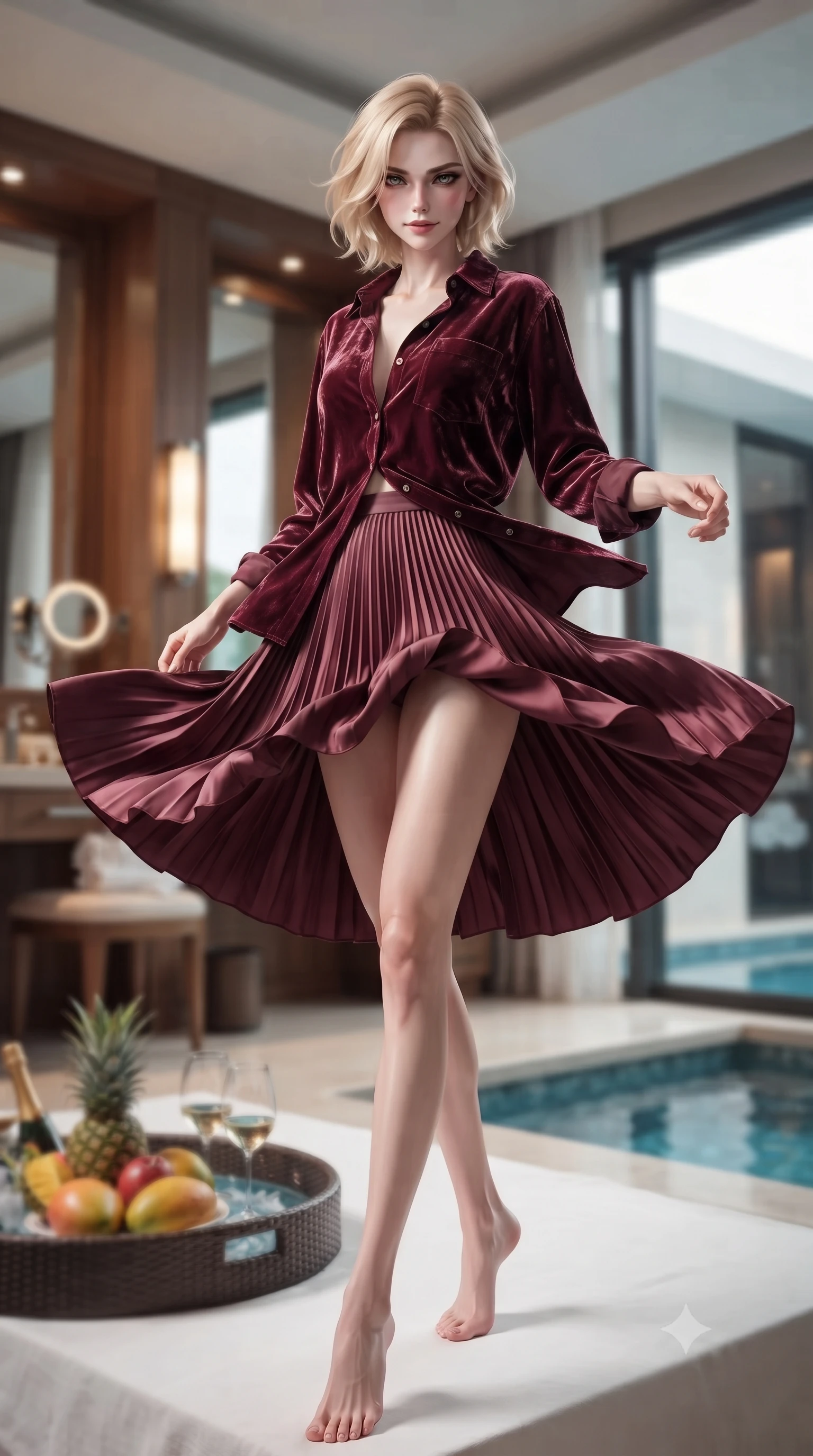 score_9, masterpiece, best quality, ultra-detailed, high-budget anime keyframe, editorial fashion photography, tasteful artistic composition, Caucasian woman. low angle full-body shot from head to toe showing her feet, filling the entire 9:16 vertical frame with her statuesque presence, stretching her vertical silhouette. twirling slowly with a sensual half-smile, letting her silky robe billow gently to reveal her elegant leg line set against a soft-focus background of inside an exclusive vanity suite with a floating pool tray of tropical fruits and chilled wine in soft focus. She has an absolutely perfect, statuesque 8.5-heads proportion, an exceptionally tall and slender model-like female figure with impossibly long slender legs and an ultra-slim waist. sharp v-shaped jawline, high-bridge nose, intricate jewel-like eyes with depth, thick eyelashes, glossy lips with a natural sheen. wearing tailored deep burgundy crushed velvet casual linen button-down shirt paired with a flowy pleated midi skirt featuring refined tailored seams. accented by a single dramatic key light highlighting her statuesque posture and slim waist. ultra-reflective glossy finish, specular highlights, metallic sheen, high-contrast stereoscopic depth, volumetric dynamic lighting, 2k, ultra detail, master piece, 9:16 ratio