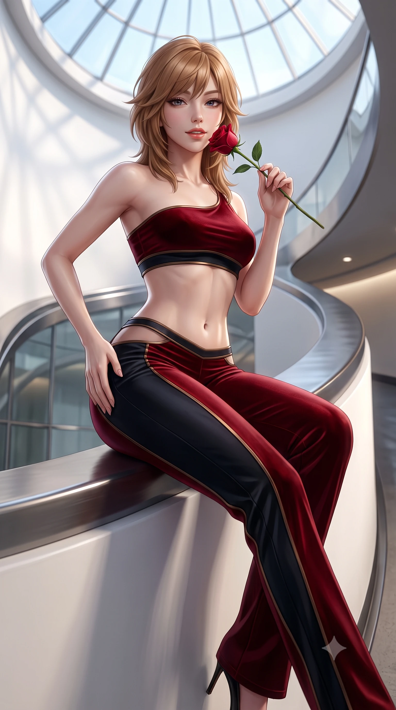 score_9, masterpiece, best quality, ultra-detailed, high-budget anime keyframe, semi-realistic 3D game render, editorial fashion photography, tasteful artistic composition, Korean woman. close-up cowboy shot from the waist and thighs up, the character dominates the composition, filling the frame with her large presence. tilting her head with a teasing half-smile, running one hand slowly down the side of her hip in a flirtatious S-curve as ambient light caresses her silhouette while sitting perched on the curving ramp ledge with legs extended, displaying her impossibly long slender limbs with supermodel cool. The background shows a soft-focus soaring skylight dome softened in iconic architectural shallow focus. She has an exceptionally elegant, slender, and willowy female figure with an ultra-slim waist, flat toned midriff, narrow ribcage, and sculpted feminine hips creating an alluring, slim hourglass silhouette without bulk. sharp v-shaped jawline, high-bridge nose, sparkling eyes with hypnotic seductive depth, thick curled eyelashes, glossy parted lips with a natural dewy peach sheen, alluring bedroom-eyes with an enchanting coquettish smile, exuding magnetic siren charisma and sophisticated glamour, flawlessly proportioned anatomical accuracy, strict slender model proportions, natural body alignment, perfectly sculpted long slender limbs, ultra-slim waistline, clean dynamic posture without body distortion. wearing a form-contouring one-shoulder minimalist bandeau top paired with low-rise tailored trousers with sheer hip cutouts in deep blood-red velvet and midnight obsidian black with antique bronze trims, crafted from fluid liquid silk satin that clings smoothly to every curve with a dewy sheen, accented with a single fresh-cut long-stemmed crimson rose held delicately near her parted lips, the liquid-tight tailored fabric clinging flawlessly to her narrow waist and rounded feminine hips, emphasizing every millimeter of her sculpted slim hourglass curves without any bulky heaviness. illuminated by curved white wall bounce and sharp platinum-white rim lights defining her delicate clavicles, ultra-slim waist, and curvy hips. highly saturated vibrant anime colors, detailed shading with soft gradients, rich glossy textures, high-contrast stereoscopic depth, volumetric dynamic lighting, master piece, 9:16 ratio
