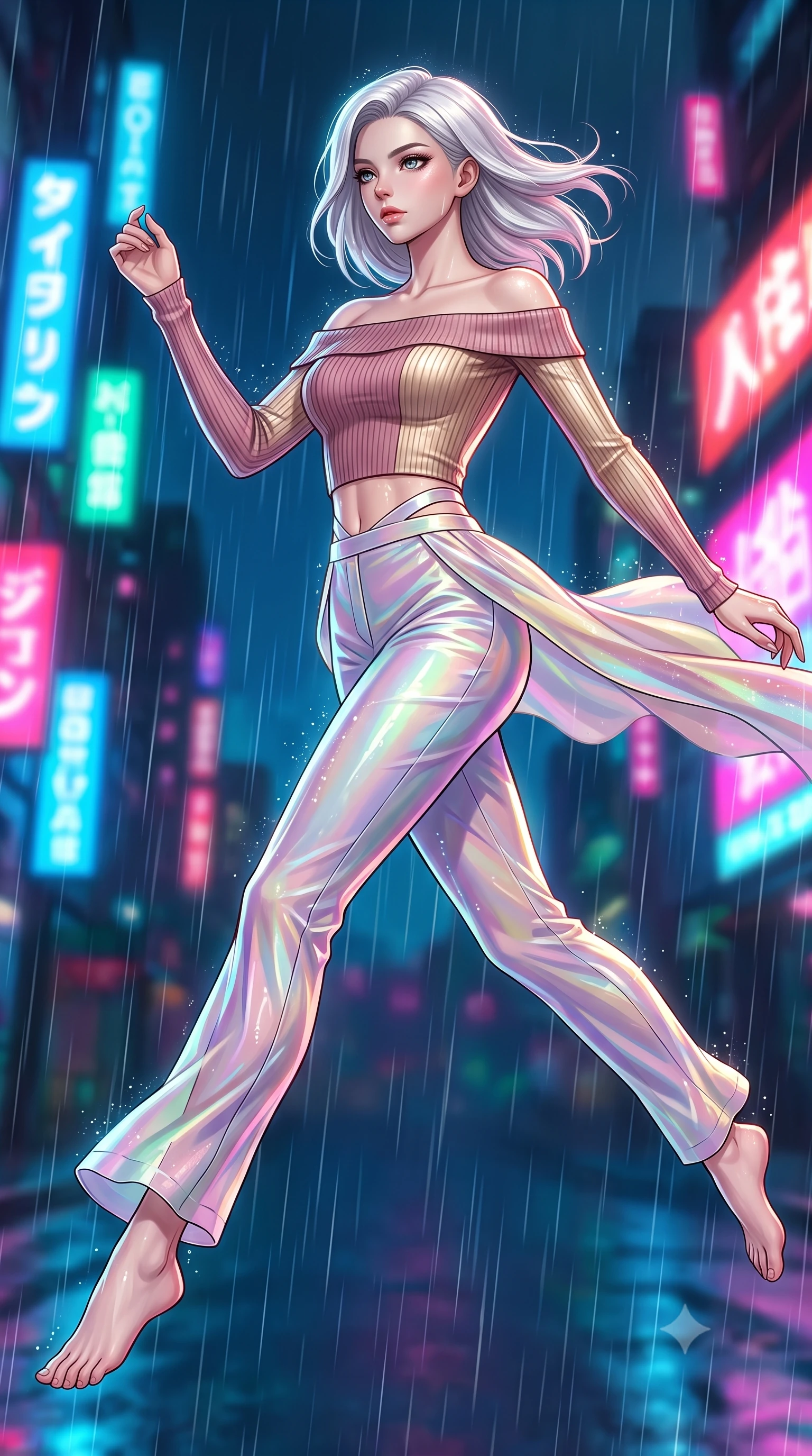 score_9, masterpiece, best quality, ultra-detailed, high-budget anime keyframe, editorial fashion photography, tasteful artistic composition, Caucasian woman. low angle full-body shot from head to toe showing her feet, filling the entire 9:16 vertical frame with her statuesque presence, stretching her vertical silhouette. leaping gracefully through mid-air with statuesque elegance, her impossibly long slender legs stretched in perfect balance while pivoting in a mid-stride turn as rain droplets glisten on her metallic outfit, fluttering lightweight attire catching the high-altitude rainy wind. She has an absolutely perfect, statuesque 8.5-heads proportion, an exceptionally tall and slender model-like female figure with impossibly long slender legs and an ultra-slim waist. sharp v-shaped jawline, high-bridge nose, intricate jewel-like eyes with depth, thick eyelashes, glossy lips with a natural sheen, flawlessly proportioned anatomical accuracy, natural body alignment, perfectly sculpted elegant limbs, clean dynamic posture without body distortion. wearing a sleek off-shoulder ribbed knit top paired with high-waist tailored pants in dusty rose and champagne gold, crafted from iridescent chiffon that shifts colors in the light, featuring subtle geometric cutouts that highlight her ultra-slim midriff, the glove-like fit emphasizing her statuesque silhouette during motion. drenched in wet neon reflections with brilliant specular highlights on her silhouette. highly saturated vibrant anime colors, detailed shading with soft gradients, rich glossy textures, high-contrast stereoscopic depth, volumetric dynamic lighting, master piece, 9:16 ratio