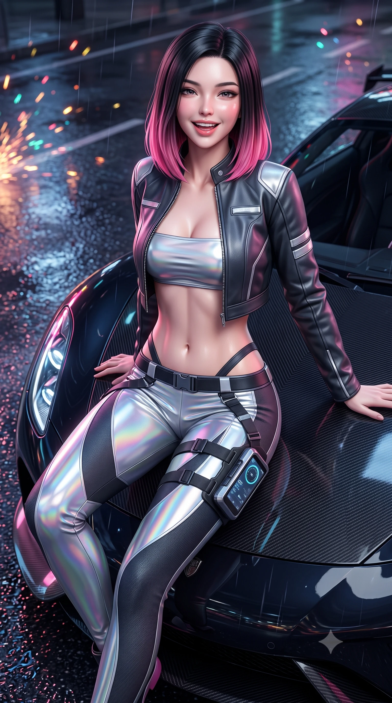 score_9, masterpiece, best quality, ultra-detailed, high-budget anime keyframe, semi-realistic 3D game render, editorial fashion photography, tasteful artistic composition, Korean woman. close-up cowboy shot from the waist and thighs up, the character dominates the composition, filling the frame with her large presence. laughing softly with enchanting, forbidden warmth, parted lips glistening as specular highlights illuminate her sculpted cheeks while sitting poised on the glossy carbon-fiber hood of a midnight hypercar, one leg extended and torso angled back with seductive confidence. The composition keeps background elements in soft focus with creamy bokeh. rain-slicked asphalt reflections and turbo exhaust sparks scattering vivid chromatic light motes. She has an exceptionally elegant, slender, and willowy female figure with an ultra-slim waist, a gracefully sculpted slender torso, toned flat midriff, and a refined slim silhouette. sharp v-shaped jawline, high-bridge nose, intricate jewel-like eyes with depth, thick eyelashes, glossy parted lips with a natural sheen, intensely captivating and seductive expression, flawlessly proportioned anatomical accuracy, strict slender model proportions, natural body alignment, perfectly sculpted long slender limbs, ultra-slim waistline, clean dynamic posture without body distortion. wearing a cropped leather racing jacket unzipped over a reflective silver bandeau top and low-rise carbon track pants in holographic silver prism and deep graphite, crafted from compression knit fabric sculpting her athletic hourglass lines, equipped with a sleek thigh-mounted telemetry display and tactical harness, the athletic second-skin cut highlighting her toned flat midriff and slender model proportions during dynamic action. illuminated by wet specular asphalt bounce lights sculpting her toned midriff, slender waist, and long legs. highly saturated vibrant anime colors, detailed shading with soft gradients, rich glossy textures, high-contrast stereoscopic depth, volumetric dynamic lighting, master piece, 9:16 ratio