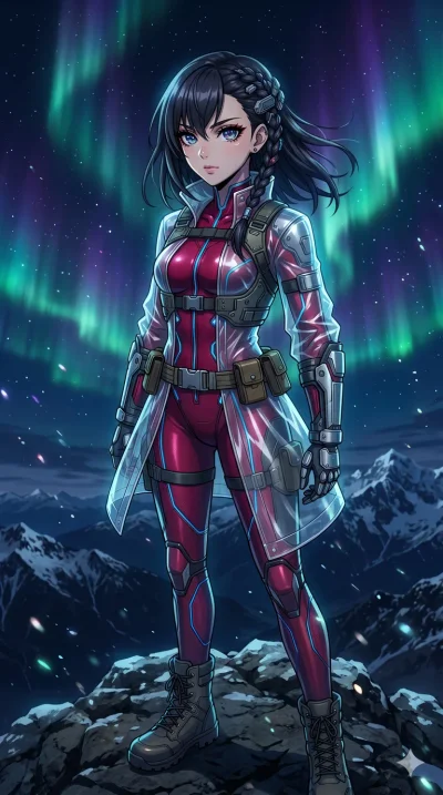 score_9, masterpiece, best quality, ultra-detailed, High-budget Anime Keyframe, beautiful Japanese anime girl. Upper body close-up from the thighs up, character filling the screen for maximum presence. Standing on a mountain top as the aurora boreali