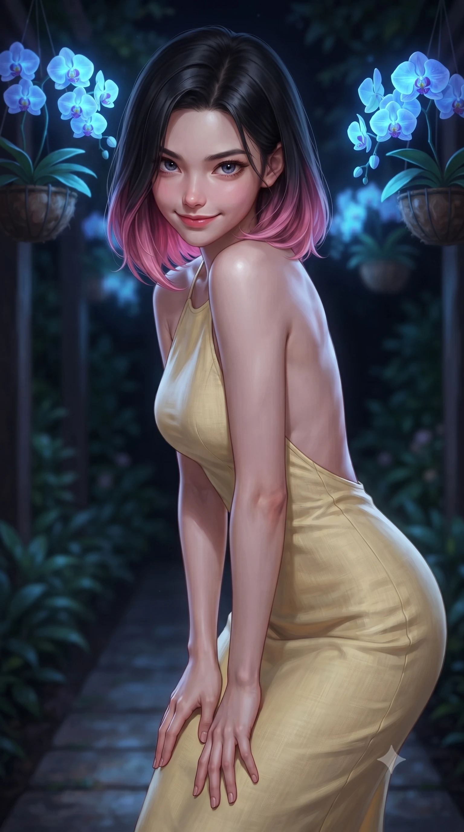 score_9, masterpiece, best quality, ultra-detailed, high-budget anime keyframe, editorial fashion photography, tasteful artistic composition, Korean woman. close-up cowboy shot from the waist and thighs up, the character dominates the composition, filling the frame with her large presence, background elements kept in soft focus. leaning slightly forward with a playful, teasing smile, her gaze locked onto the viewer the background shows a soft-focus a private garden pathway under hanging baskets of glowing blue orchids at night. She has an exceptionally elegant, slender, and willowy female figure with an ultra-slim waist, a gracefully sculpted slender torso, and a refined silhouette. sharp v-shaped jawline, high-bridge nose, intricate jewel-like eyes with depth, thick eyelashes, glossy lips with a natural sheen. wearing a body-hugging backless summer sundress in pale yellow linen, showing her elegant shoulder blades. soft blue bioluminescent light making her skin luminously glow against the dark. ultra-reflective glossy finish, specular highlights, metallic sheen, high-contrast stereoscopic depth, volumetric dynamic lighting, 2k, ultra detail, master piece, 9:16 ratio