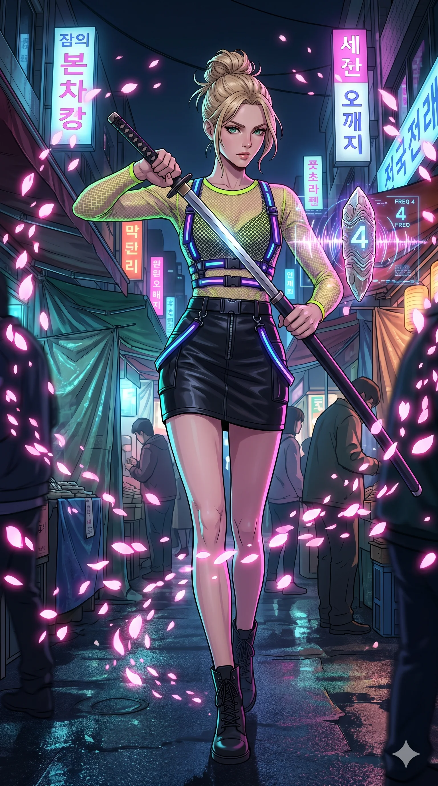 score_9, masterpiece, best quality, ultra-detailed, Set A: High-budget Anime Keyframe, Caucasian (strictly human ears) woman. Low angle cowboy shot filling the entire 9:16 frame with her statuesque presence. Drawing a blade through a neon-lit Neo-Seoul market, holding a relic that pulses with the frequency 4 and surrounded by digital sakura petals. She has an absolutely perfect 8-heads proportion, an exceptionally tall and slender female figure with impossibly long slender legs and an ultra-slim waist. Sharp v-shaped jawline, high-bridge nose, intricate jewel-like eyes with depth, thick eyelashes, glossy lips with a natural sheen. Wearing Fluorescent mesh top with a leather mini-skirt and neon-lit harness details. Cinematic lighting, vibrant colors, dramatic shadows, 2k, ultra detail, master piece, 9:16 ratio