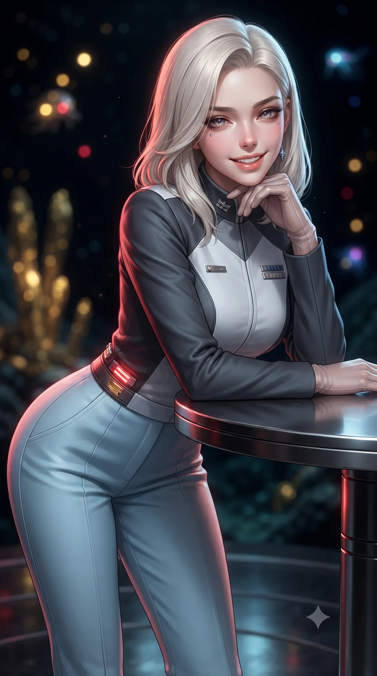 score_9, masterpiece, best quality, ultra-detailed, high-budget anime keyframe, editorial fashion photography, tasteful artistic composition, Caucasian woman. close-up cowboy shot from the waist and thighs up, the character dominates the composition, filling the frame with her large presence. resting one elbow on the table and supporting her chin, leaning close to the camera with heavy-lidded sparkling eyes and parted lips while twisting her slender torso in an alluring contrapposto stance, red tactical emergency lights and golden vent fires playing across her narrow waist and curvy hips. The background shows a soft-focus golden mineral heat plumes from hydrothermal vents, glowing bioluminescent abyssal creatures, and deep ink-black ocean blurred into gold, ruby, and indigo bokeh. She has an exceptionally elegant, slender, and willowy female figure with an ultra-slim waist, flat toned midriff, narrow ribcage, and sculpted feminine hips creating an alluring, slim hourglass silhouette without bulk. sharp v-shaped jawline, high-bridge nose, intricate jewel-like sparkling eyes with depth, thick eyelashes, glossy parted lips with a natural peach sheen, bright cheerful beaming smile with an enchanting and coquettish sensual glint, exuding both youthful cute charm and seductive allure, flawlessly proportioned anatomical accuracy, strict slender model proportions, natural body alignment, perfectly sculpted long slender limbs, ultra-slim waistline, clean dynamic posture without body distortion. wearing a tailored orbital colony command uniform in dark grey and white paneling with rank insignia pins and tailored straight-leg trousers in arctic cryo-glacier ice blue and platinum white, crafted from bespoke double-faced cashmere with an exceptionally soft tactile finish, complemented by sheer opera-length evening gloves tracing her slender arms, the bespoke structured tailoring following the natural line of her 8.5-heads silhouette with refined elegance. illuminated by wet steel floor reflection bounce and sharp ruby-gold rim lights sculpting her razor-sharp jawline, narrow waist, and curvy hips. ultra-reflective glossy finish, specular highlights, rich textural contrasts, high-contrast stereoscopic depth, volumetric dynamic lighting, 2k, ultra detail, master piece, 9:16 ratio