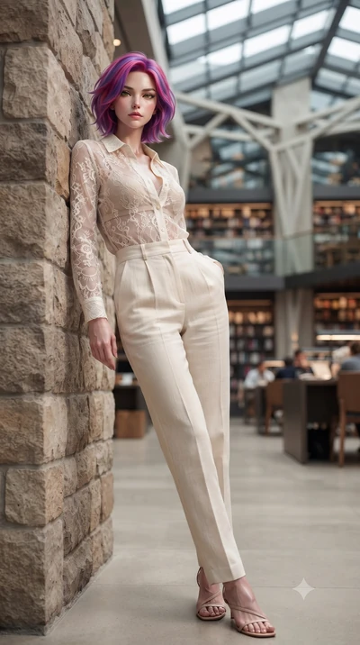 score_9, masterpiece, best quality, ultra-detailed, high-budget anime keyframe, editorial fashion photography, tasteful artistic composition, Caucasian woman woman. low angle full-body shot from head to toe showing her feet, filling the entire 9:16 v