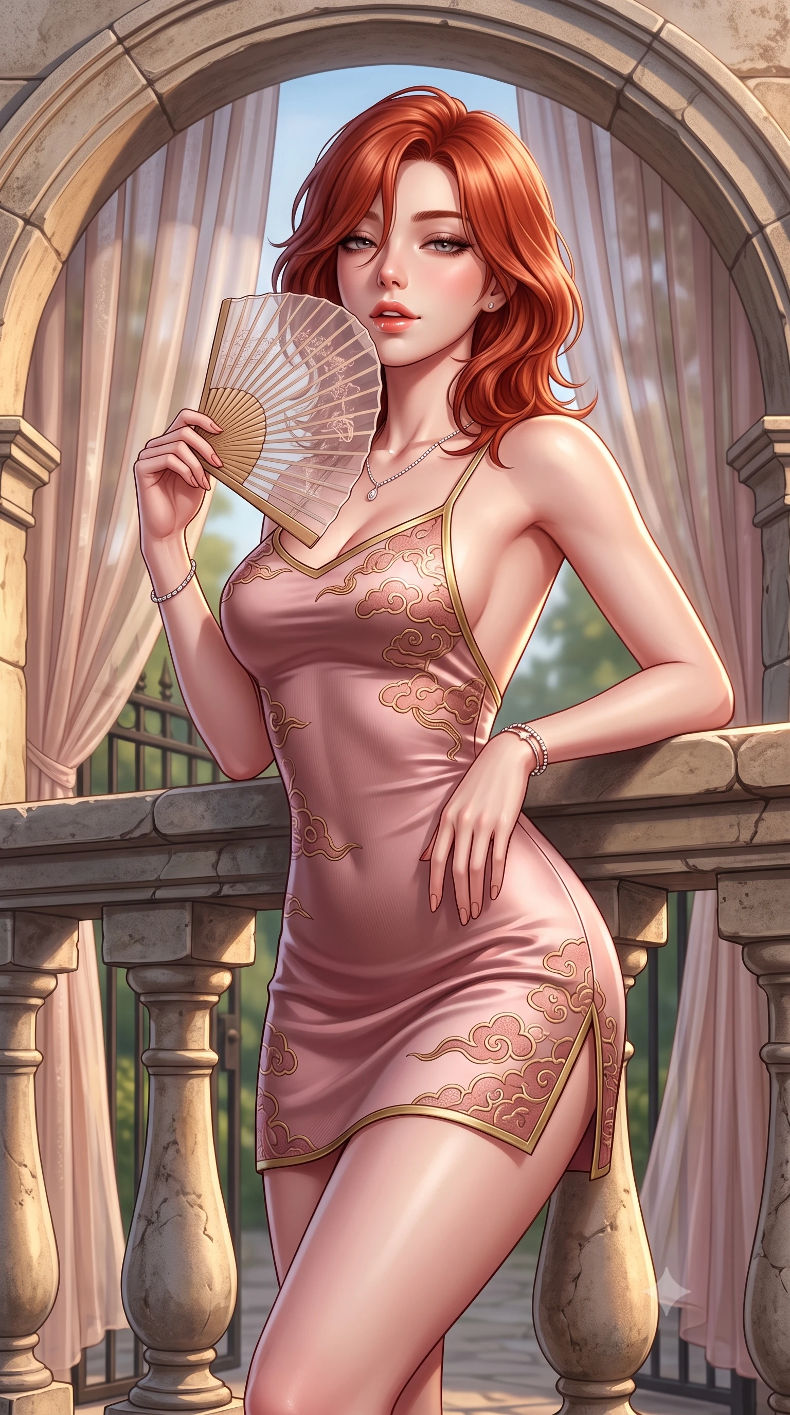 score_9, masterpiece, best quality, ultra-detailed, high-budget anime keyframe, semi-realistic 3D game render, editorial fashion photography, tasteful artistic composition, Korean woman. close-up cowboy shot from the waist and thighs up, the character dominates the composition, filling the frame with her large presence. leaning back against the balustrade with relaxed seductive grace, head tilted back slightly while casting a hypnotic, heavy-lidded gaze while leaning against the curved stone archway with hips cocked back, looking through the circular frame with an alluring, parted-lip smile. The surrounding environment is rendered in vivid detail and crisp panoramic clarity: detailed semi-sheer silk drape, dainty body jewelry shine, and garden gate architecture in razor-sharp precision. She has an exceptionally elegant, slender, and willowy female figure with an ultra-slim waist, flat toned midriff, narrow ribcage, and sculpted feminine hips creating an alluring, slim hourglass silhouette without bulk. sharp v-shaped jawline, high-bridge nose, sparkling eyes with hypnotic seductive depth, thick curled eyelashes, glossy parted lips with a natural dewy peach sheen, alluring bedroom-eyes with an enchanting coquettish smile, exuding magnetic siren charisma and sophisticated glamour, flawlessly proportioned anatomical accuracy, strict slender model proportions, natural body alignment, perfectly sculpted long slender limbs, ultra-slim waistline, clean dynamic posture without body distortion. wearing a backless embroidered silk satin slip dress with traditional cloud motifs contouring her narrow waist and curvy hips in dusky blush rose and antique gold trims, tailored from fine ribbed modal knit with gentle elastic contouring and soft hand-feel, finished with a transparent silk folding fan held gracefully near her glossy parted lips, the form-contouring silhouette accentuating her sculpted flat midriff, narrow delicate ribcage, and gracefully curvy hips with intoxicating allure. illuminated by stone bounce fill and sharp platinum rim lights defining her collarbones, narrow waist, and curvy hips. highly saturated vibrant anime colors, detailed shading with soft gradients, rich glossy textures, high-contrast stereoscopic depth, volumetric dynamic lighting, master piece, 9:16 ratio