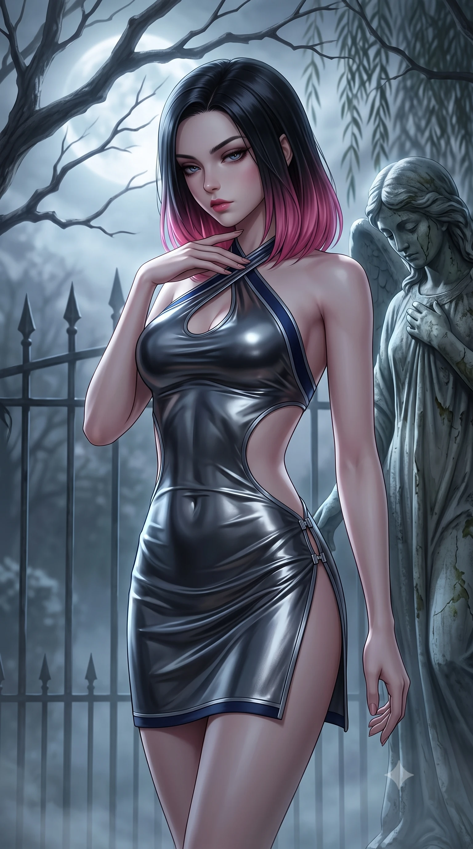 score_9, masterpiece, best quality, ultra-detailed, high-budget anime keyframe, semi-realistic 3D game render, editorial fashion photography, tasteful artistic composition, Korean woman. close-up cowboy shot from the waist and thighs up, the character dominates the composition, filling the frame with her large presence. resting her fingers lightly against her throat while looking down with a smoldering, haughty yet intensely captivating glance while pivoting dynamically beside an ancient weeping angel statue as moonlight filters through bare gnarled tree branches. The composition keeps background elements in soft focus with creamy bokeh. wrought-iron gate spikes and weeping willow branches softened by moody shallow depth of field. She has an exceptionally elegant, slender, and willowy female figure with an ultra-slim waist, a gracefully sculpted slender torso, toned flat midriff, and a refined slim silhouette. sharp v-shaped jawline, high-bridge nose, intricate jewel-like eyes with depth, thick eyelashes, glossy lips with a natural sheen, flawlessly proportioned anatomical accuracy, strict slender model proportions, natural body alignment, perfectly sculpted long slender limbs, ultra-slim waistline, clean dynamic posture without body distortion. wearing a molten gunmetal liquid-metal mini dress featuring deep side-waist cutouts and a daring crossover halter neckline in midnight navy blue and shadowed silver trim, made of liquid metal jersey that clings flawlessly to every contour of her build, finished with an ultra-high side slit secured by miniature magnetic clasps, the precision-cut daring openings accentuating her delicate midriff, graceful bare collarbones, and ultra-slim feminine waistline. bathed in cool silver moonlight backlighting and dense misty ambient glow. rich saturated anime colors with deep moody shadows, detailed chiaroscuro shading with soft gradients, rich glossy textures, high-contrast stereoscopic depth, volumetric dynamic shadow lighting, master piece, 9:16 ratio