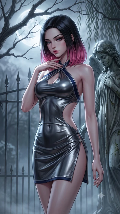 score_9, masterpiece, best quality, ultra-detailed, high-budget anime keyframe, semi-realistic 3D game render, editorial fashion photography, tasteful artistic composition, Korean woman. close-up cowboy shot from the waist and thighs up, the characte