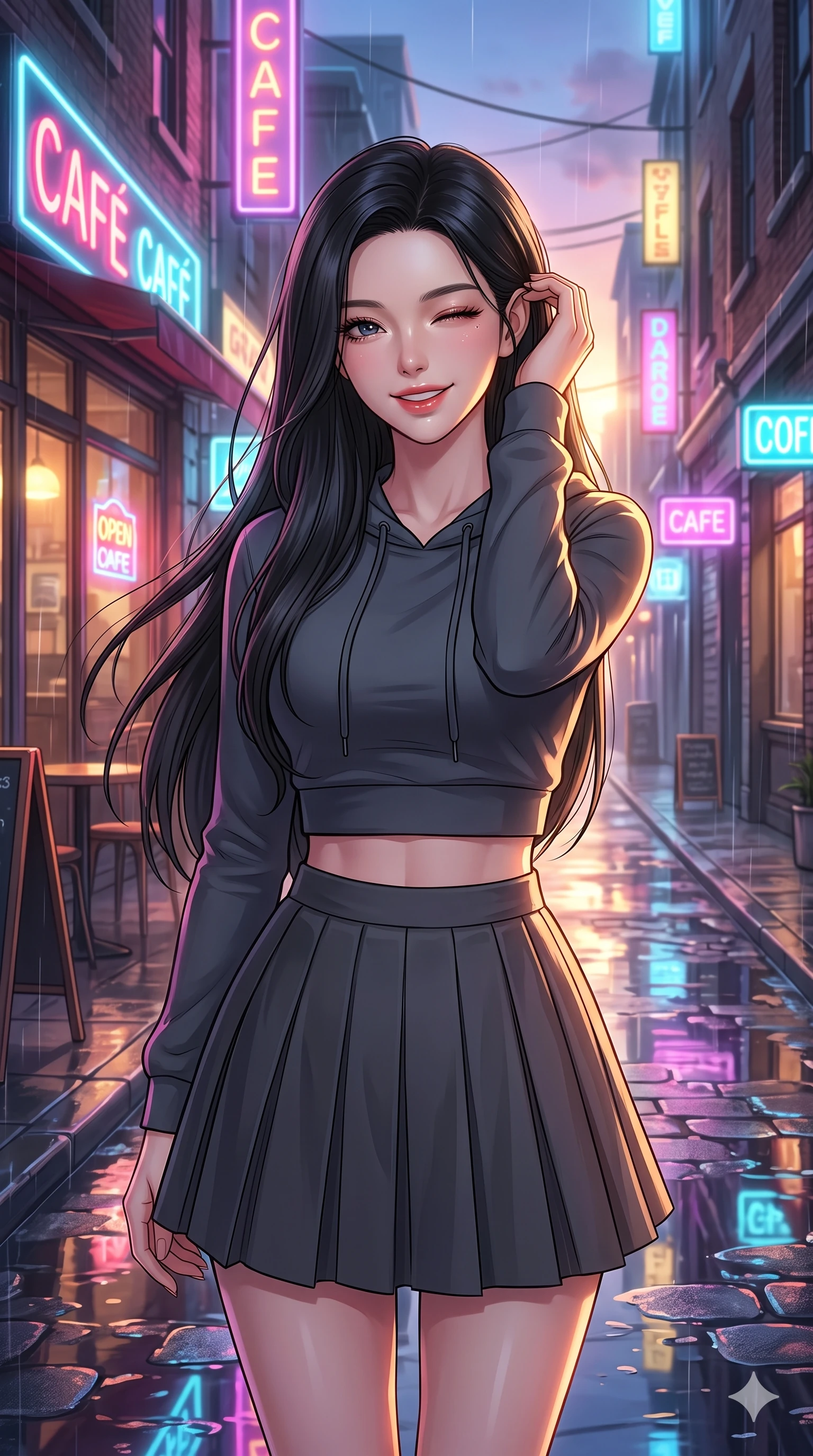 score_9, masterpiece, best quality, ultra-detailed, high-budget anime keyframe, vibrant anime aesthetic, Korean woman. close-up cowboy shot from the waist and thighs up, the character dominates the composition, filling the frame with her large presence, background elements kept in soft focus. She is smiling delightfully while tucking a lock of hair behind her ear, gazing at the camera with sparkling eyes with a soft breath of wind in her hair. by a glowing neon-lit cafe terrace overlooking a reflective puddle-filled street during a twilight shower (Code-P22-066). She has an absolutely perfect proportion, an exceptionally elegant and slender female figure with an ultra-slim waist. V-shaped jawline, high-bridge nose, intricate jewel-like eyes with depth, thick eyelashes, glossy lips with a natural sheen. wearing a cropped hoodie paired with a high-waisted pleated tennis skirt in classic charcoal. She is bathed in soft, glowing golden hour sun casting long, elegant shadows, highlighting her winking face and glossy lips along the cobblestone alley. 2k, ultra detail, master piece, 9:16 ratio