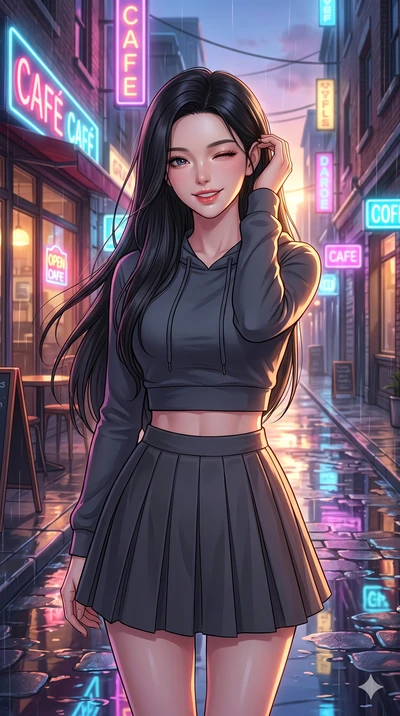score_9, masterpiece, best quality, ultra-detailed, high-budget anime keyframe, vibrant anime aesthetic, Korean woman. close-up cowboy shot from the waist and thighs up, the character dominates the composition, filling the frame with her large presen