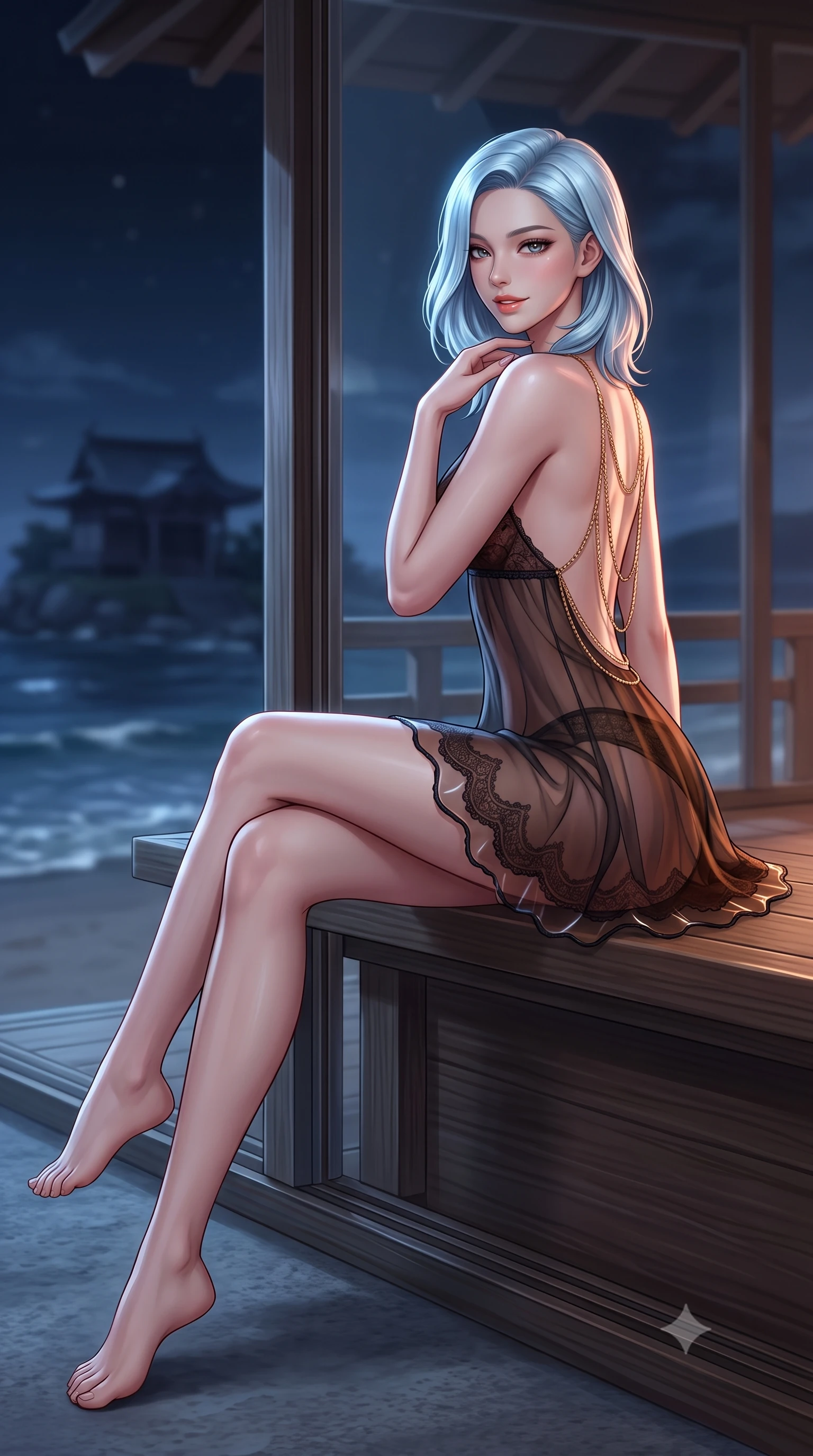 score_9, masterpiece, best quality, ultra-detailed, high-budget anime keyframe, semi-realistic 3D game render, editorial fashion photography, tasteful artistic composition, Korean woman. low angle full-body shot from head to toe showing her feet, filling the entire 9:16 vertical frame with her statuesque presence, stretching her vertical silhouette. posing in a classic haute-couture S-curve stance beside the floor-to-ceiling window, looking over a bare shoulder with magnetic presence while sitting gracefully on the pavilion bench with legs crossed, running one manicured hand slowly down her neck with teasing seductive charm. The background shows a soft-focus gentle nocturnal tide ripples softened in historic island shrine shallow focus. She has an exceptionally tall and slender model-like 8.5-heads proportion, an ultra-slim waist, a flat toned midriff, narrow delicate ribcage, and beautifully sculpted feminine hips creating a graceful, slim hourglass silhouette without any bulky heaviness, with impossibly long slender legs. sharp v-shaped jawline, high-bridge nose, intricate jewel-like sparkling eyes with depth, thick eyelashes, glossy parted lips with a natural peach sheen, bright cheerful beaming smile with an enchanting and coquettish sensual glint, exuding both youthful cute charm and seductive allure, flawlessly proportioned anatomical accuracy, strict slender model proportions, natural body alignment, perfectly sculpted long slender limbs, ultra-slim waistline, clean dynamic posture without body distortion. wearing a translucent liquid-latex trimmed sheer lace babydoll with delicate fiber-optic trim along the scalloped hem in Hakone steaming sulfur amber and volcanic basalt black, woven from fine semi-opaque stretch illusion mesh tracing her slender contours, accented with an open-back drape framed by falling strands of delicate gold chains, the second-skin tailored fabric adhering flawlessly to her sculpted flat midriff and slender torso, emphasizing her long leg lines and perfectly proportioned willowy build. illuminated by sea water specular highlights and sharp rose-gold rim lights sculpting her dewy collarbones, ultra-slim waist, and curvy hips. highly saturated vibrant anime colors, detailed shading with soft gradients, rich glossy textures, high-contrast stereoscopic depth, volumetric dynamic lighting, master piece, 9:16 ratio