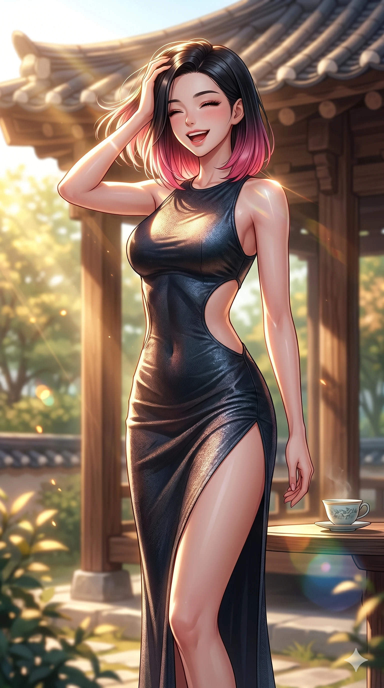 score_9, masterpiece, best quality, ultra-detailed, high-budget anime keyframe, vibrant anime aesthetic, Korean woman. cowboy shot from the thighs up, character and outfit filling the frame for maximum presence. She is laughing happily while running her fingers through her hair in the sun by a quiet outdoor tea pavilion with sunbeams (Code-P20-095). She has an absolutely perfect 8-heads proportion, an exceptionally tall and slender female figure with impossibly long slender legs and an ultra-slim waist. V-shaped jawline, high-bridge nose, intricate jewel-like eyes with depth, thick eyelashes, glossy lips with a natural sheen. wearing a bodycon dress with side cut-outs and high-slit. She is drenched in warm morning sunshine, tracing the elegant lines of her shoulders. 2k, ultra detail, master piece, 9:16 ratio