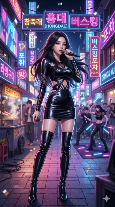score_9, score_8_up, score_7_up, source_anime, masterpiece, best quality, ultra-detailed, same character with long flowing black hair, wearing a black bodycon mini dress with cut-out details, full body shot standing under neon signs in Hongdae at nig