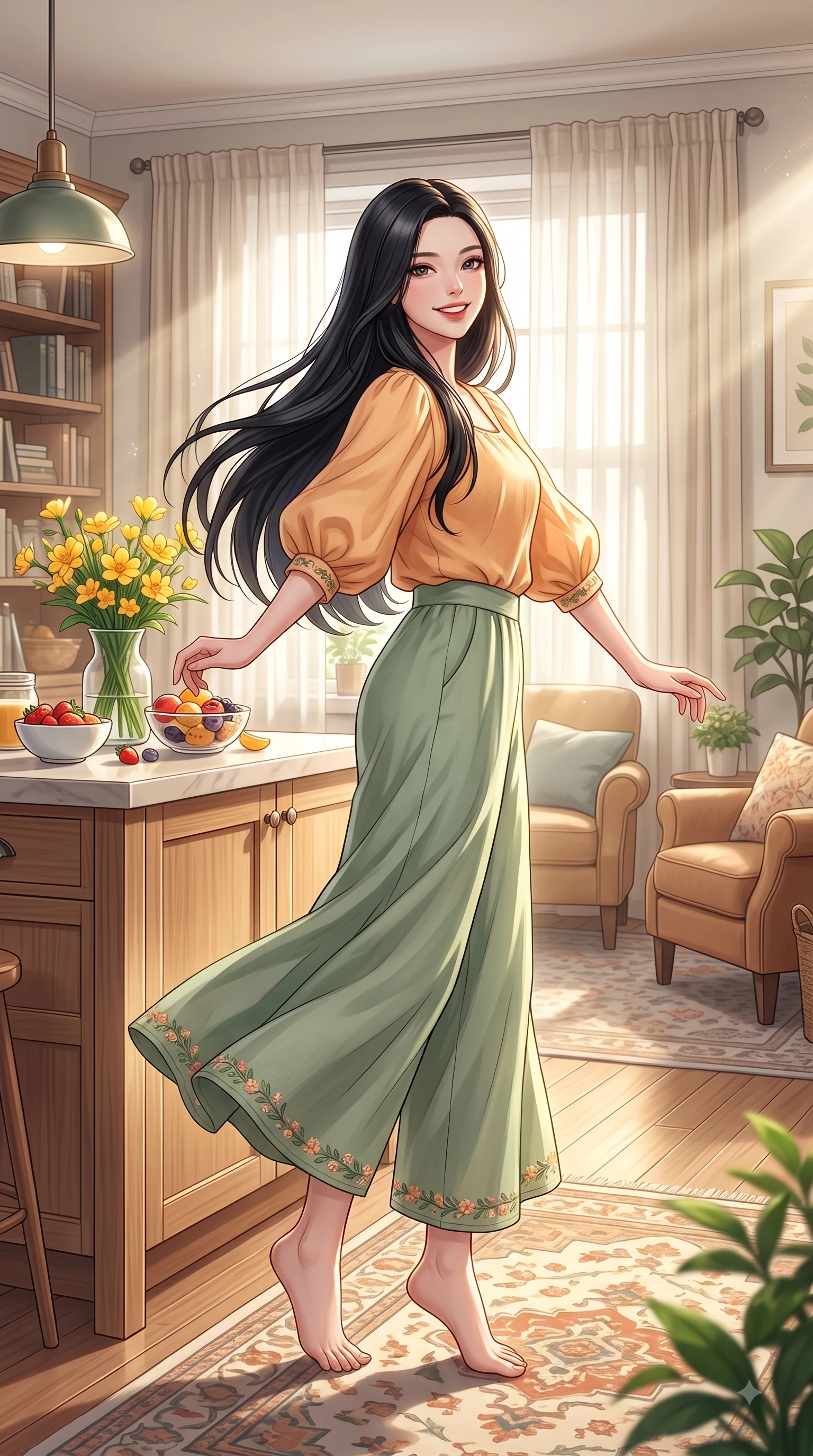score_9, masterpiece, best quality, ultra-detailed, high-budget anime keyframe, editorial fashion photography, tasteful artistic composition, Korean woman. low angle full-body shot from head to toe showing her feet, filling the entire 9:16 vertical frame with her statuesque presence, stretching her vertical silhouette. performing a cheerful mid-motion turn with flawless poise, her radiant smile capturing fresh girlhood energy while standing near a wooden kitchen island decorated with fresh yellow flowers and breakfast fruit. The surrounding environment is rendered in vivid detail and crisp panoramic clarity. crisp morning sunbeams streaming through sheer drapes into a beautifully detailed living room space. She has an absolutely perfect, statuesque 8.5-heads proportion, an exceptionally tall and slender model-like female figure with impossibly long slender legs and an ultra-slim waist. sharp v-shaped jawline, high-bridge nose, intricate jewel-like eyes with depth, thick eyelashes, glossy lips with a natural sheen, flawlessly proportioned anatomical accuracy, natural body alignment, perfectly sculpted elegant limbs, clean dynamic posture without body distortion. wearing an elegant pastel linen blouse with puff sleeves and high-waisted wide-leg trousers in warm apricot and sage green, crafted from soft breathable linen, complemented by delicate embroidered floral trim along the hem, the breezy lightweight fabric fluttering softly against her delicate frame. surrounded by a peaceful, intimate, and relaxing home atmosphere. highly saturated vibrant anime colors, detailed shading with soft gradients, rich glossy textures, high-contrast stereoscopic depth, volumetric dynamic lighting, master piece, 9:16 ratio