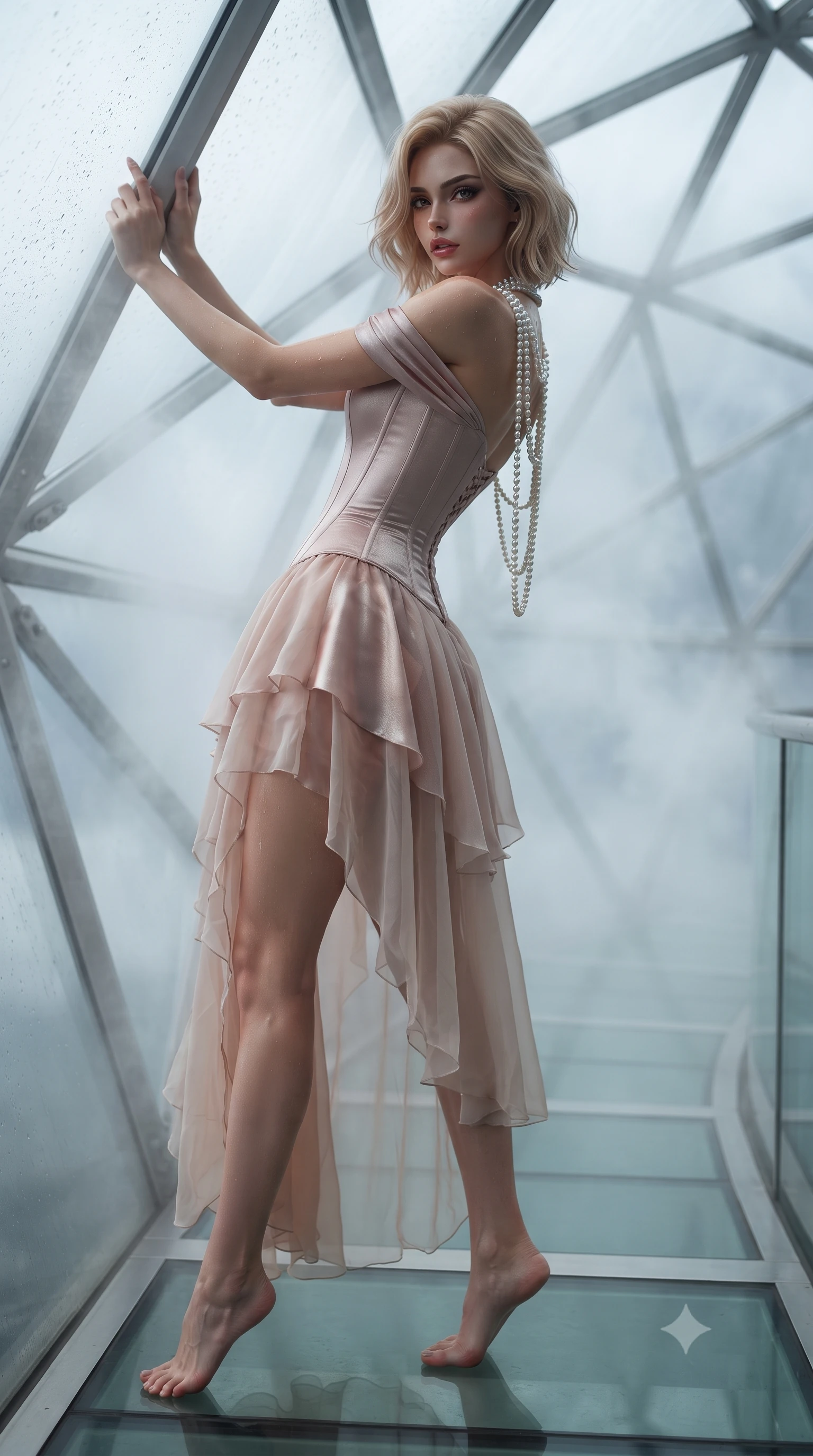 score_9, masterpiece, best quality, ultra-detailed, high-budget anime keyframe, editorial fashion photography, tasteful artistic composition, Caucasian woman. low angle full-body shot from head to toe showing her feet, filling the entire 9:16 vertical frame with her statuesque presence, stretching her vertical silhouette. leaning deep against the structural architecture with hips cocked in an unapologetically bold, seductive high-fashion stance while standing poised on a suspended glass walkway within the high-altitude cloud dome, twisting her torso in an alluring S-curve in the mist. The composition keeps background elements in soft focus with creamy bokeh. translucent dome geodesic struts and rising vapor mists softened in cinematic shallow focus. She has an exceptionally tall and slender model-like 8.5-heads proportion, an ultra-slim waist, a flat toned midriff, narrow delicate ribcage, and beautifully sculpted feminine hips creating a graceful, slim hourglass silhouette without any bulky heaviness, with impossibly long slender legs. sharp v-shaped jawline, high-bridge nose, intricate jewel-like eyes with depth, thick eyelashes, glossy parted lips with a natural sheen, intensely captivating and seductive bedroom-eyes expression, flawlessly proportioned anatomical accuracy, strict slender model proportions, natural body alignment, perfectly sculpted long slender limbs, ultra-slim waistline, clean dynamic posture without body distortion. wearing an off-shoulder French court corset bodice dress paired with a tiered translucent chiffon slit skirt in dusky blush rose and champagne shimmer, tailored from ultra-smooth duchess satin with a pearlescent sheen, accented with a multi-strand pearl back necklace cascading down her bare spine to her hips, the form-contouring material adhering flawlessly to her sculpted flat midriff and slender torso, emphasizing her long leg lines and perfectly proportioned willowy build. illuminated by wet specular highlights accentuating her slender neckline, sculpted waist, and rounded hips. ultra-reflective glossy finish, specular highlights, rich textural contrasts, high-contrast stereoscopic depth, volumetric dynamic lighting, 2k, ultra detail, master piece, 9:16 ratio