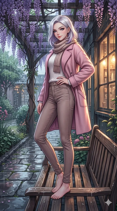 score_9, masterpiece, best quality, ultra-detailed, high-budget anime keyframe, vibrant anime aesthetic, Caucasian woman, strictly human ears. low angle full-body shot from head to toe showing her feet, filling the entire 9:16 vertical frame with her