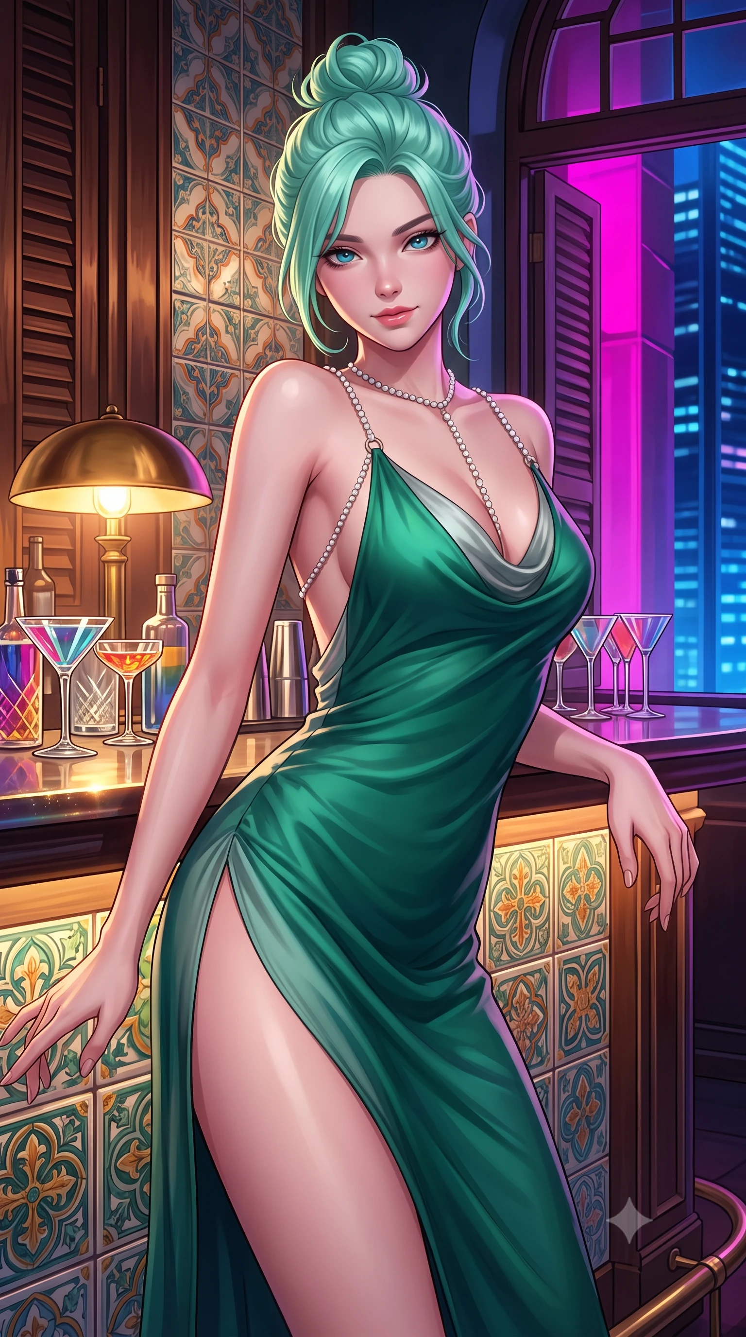 score_9, masterpiece, best quality, ultra-detailed, high-budget anime keyframe, semi-realistic 3D game render, editorial fashion photography, tasteful artistic composition, Japanese woman. close-up cowboy shot from the waist and thighs up, the character dominates the composition, filling the frame with her large presence. leaning forward while arching her lower back to accentuate her curvy hips, looking into the camera with an intoxicating smoldering gaze and bedroom-eyes while twisting her slender torso in an alluring contrapposto stance beside the illuminated bar, warm cocktail lamp light tracing her flat midriff and curvy hips. The surrounding environment is rendered in vivid detail and crisp panoramic clarity: sharp hand-painted Peranakan majolica ceramic tile relief, historic timber louver shutter details, and cocktail glass facets in deep focus. She has an exceptionally elegant, slender, and willowy female figure with an ultra-slim waist, flat toned midriff, narrow ribcage, and sculpted feminine hips creating an alluring, slim hourglass silhouette without bulk. sharp v-shaped jawline, high-bridge nose, intricate jewel-like sparkling eyes with depth, thick eyelashes, glossy parted lips with a natural peach sheen, bright cheerful beaming smile with an enchanting and coquettish sensual glint, exuding both youthful cute charm and seductive allure, flawlessly proportioned anatomical accuracy, strict slender model proportions, natural body alignment, perfectly sculpted long slender limbs, ultra-slim waistline, clean dynamic posture without body distortion. wearing a form-contouring gossamer silk chiffon slip dress with a hip-high slit and open cowl back clinging with dewy moisture in Art Nouveau malachite green and antique starlight silver, made of fluid liquid jersey with seamless sculpting hold and smooth contours, accented with a pearl-drop body harness subtly framing her dewy collarbones and spine, the impeccably tailored cut draping gracefully along her slender figure with aristocratic poise. bathed in the warm golden 2300K glow of vintage brass lamps mixed with electric magenta and sapphire city skyscraper reflections. highly saturated vibrant anime colors, detailed shading with soft gradients, rich glossy textures, high-contrast stereoscopic depth, volumetric dynamic lighting, master piece, 9:16 ratio