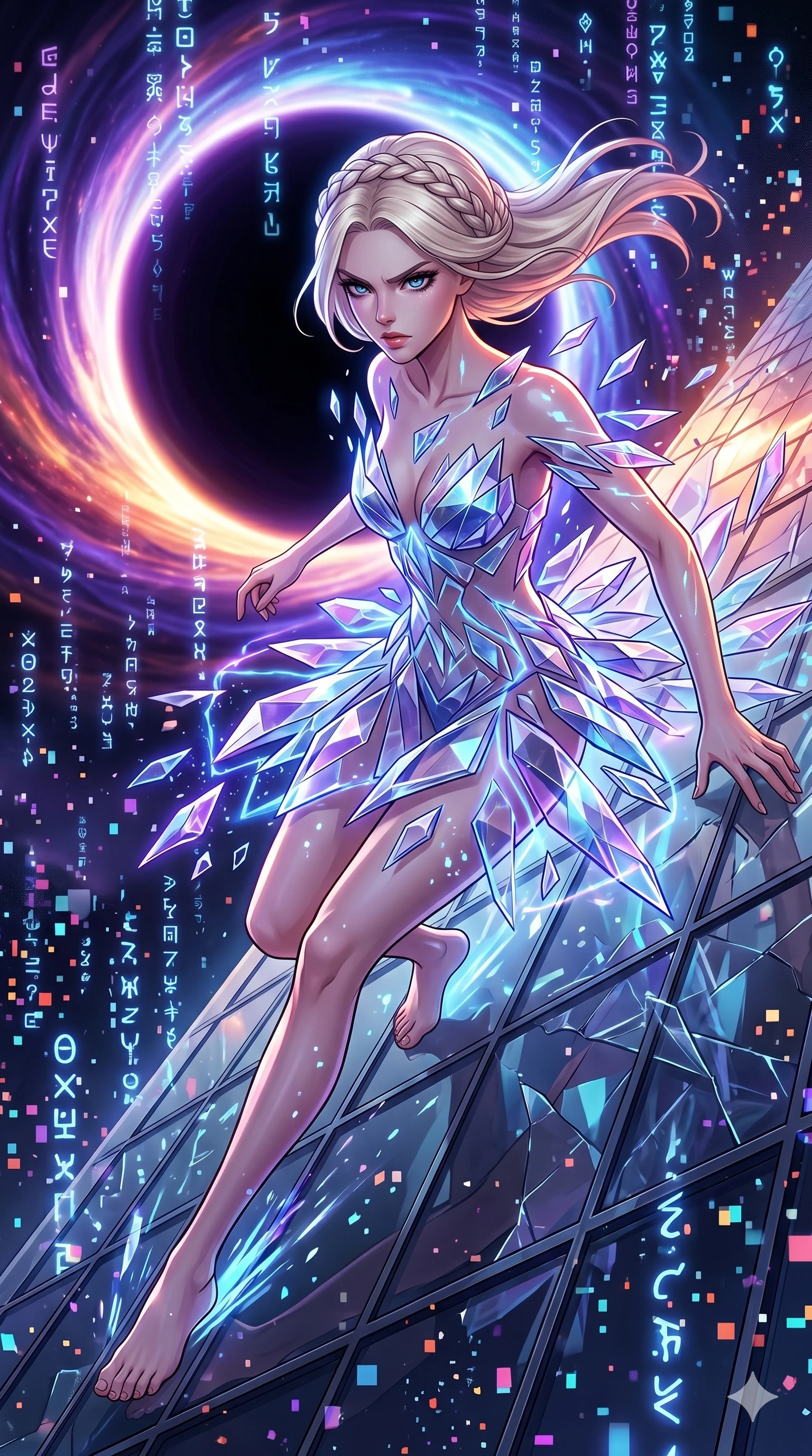 score_9, masterpiece, best quality, ultra-detailed, Set A: High-budget Anime Keyframe, Caucasian (human ears) woman. Upper body close-up from the thighs up, character filling the screen for maximum presence. Theme: Historical Remix. sliding down a glass skyscraper in the edge of a black hole, as a digital rain of 227 symbols washes over her. The atmosphere is filled with a blizzard of digital pixels. She has an absolutely perfect 8-heads proportion, an exceptionally tall and slender female figure with impossibly long slender legs and an ultra-slim waist. Sharp v-shaped jawline, high-bridge nose, intricate jewel-like eyes with depth, glossy lips. Wearing Abstract geometry dress made of floating crystalline shards held by energy fields. Cinematic lighting, vivid colors, dramatic shadows, 2k, ultra detail, master piece, 9:16 ratio