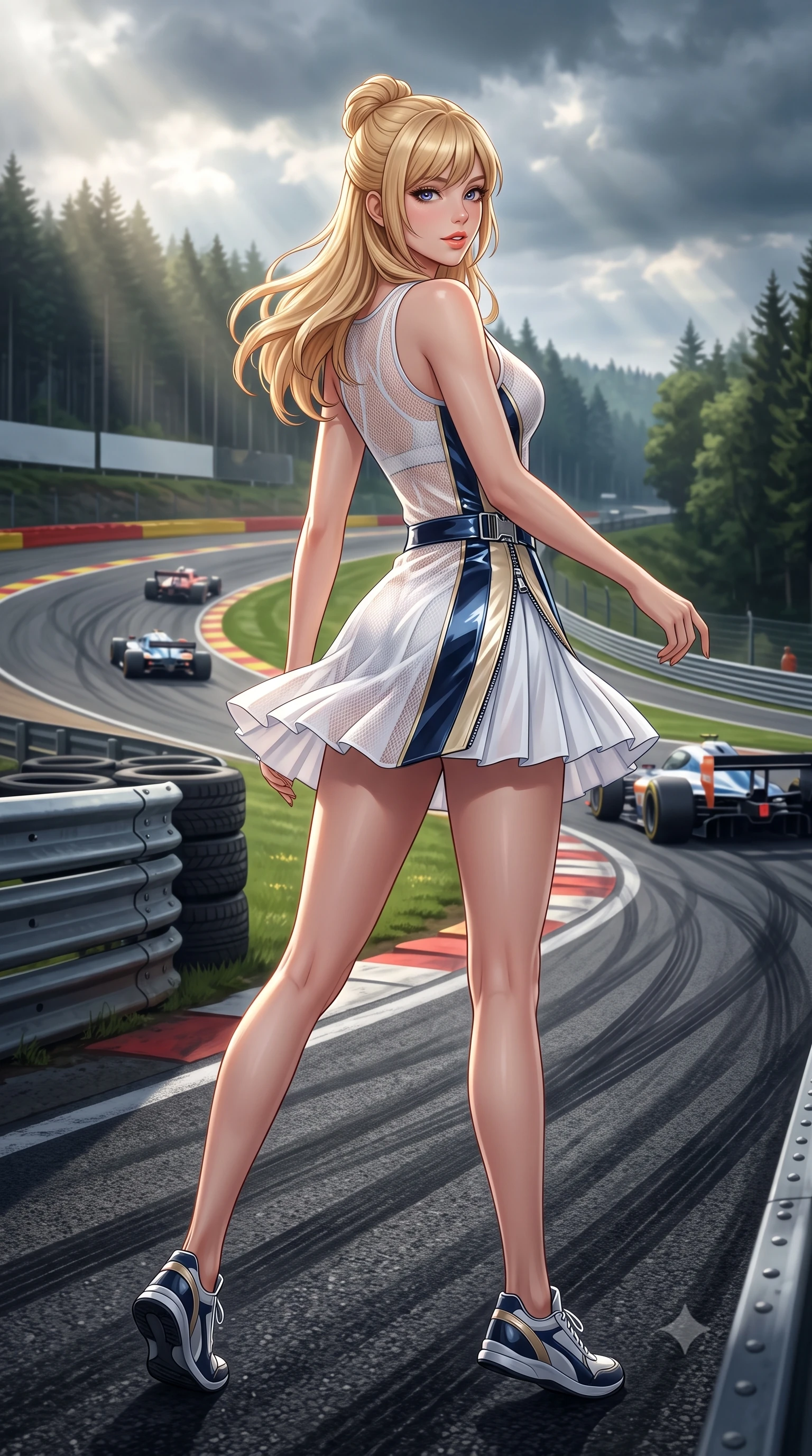 score_9, masterpiece, best quality, ultra-detailed, high-budget anime keyframe, semi-realistic 3D game render, editorial fashion photography, tasteful artistic composition, Caucasian woman. low angle full-body shot from head to toe showing her feet, filling the entire 9:16 vertical frame with her statuesque presence, stretching her vertical silhouette. executing an athletic pivot turn as her pleated tennis skirt flutters around her slender legs, glancing over her shoulder with an intoxicating, teasing bedroom-gaze while twisting her slender torso in an alluring S-curve as race cars compress through the legendary corner, wind sculpting her suit to her curves. The surrounding environment is rendered in vivid detail and crisp panoramic clarity: sharp rubber skid mark patterns on tarmac, tire stack texture, and steel safety barrier rivets in deep focus. She has an absolutely perfect, statuesque 8.5-heads proportion, an exceptionally tall and slender model-like female figure with impossibly long slender legs, an ultra-slim waist, a flat toned midriff, narrow delicate ribcage, and beautifully sculpted feminine hips creating a graceful, slim hourglass silhouette without any bulky heaviness. sharp v-shaped jawline, high-bridge nose, sparkling eyes with athletic focus and depth, thick curled eyelashes, glossy parted lips with a natural coral-peach sheen, bright confident and coquettish smile with alluring bedroom-eyes, exuding both youthful sporty vigor and sovereign high-society glamour, flawlessly proportioned anatomical accuracy, strict slender model proportions, natural body alignment, perfectly sculpted long slender limbs, ultra-slim waistline, clean dynamic posture without body distortion. wearing a delicate semi-sheer white mesh tennis slip dress layered over a matching sports bra, hugging her slender waist and hips in Monaco navy blue and cream champagne gold, made of high-gloss reflective patent leather with mirror-like specular highlights, finished with polished chrome zipper pulls and racing harness buckle hardware, the high-waisted wrap tailoring accentuating her ultra-slim waistline and the enchanting curve of her feminine hips with alluring sporty charm. bathed in dynamic shifting Ardennes sunbeams breaking through moody forest clouds. highly saturated vibrant anime colors, detailed shading with soft gradients, rich glossy textures, high-contrast stereoscopic depth, volumetric dynamic lighting, master piece, 9:16 ratio