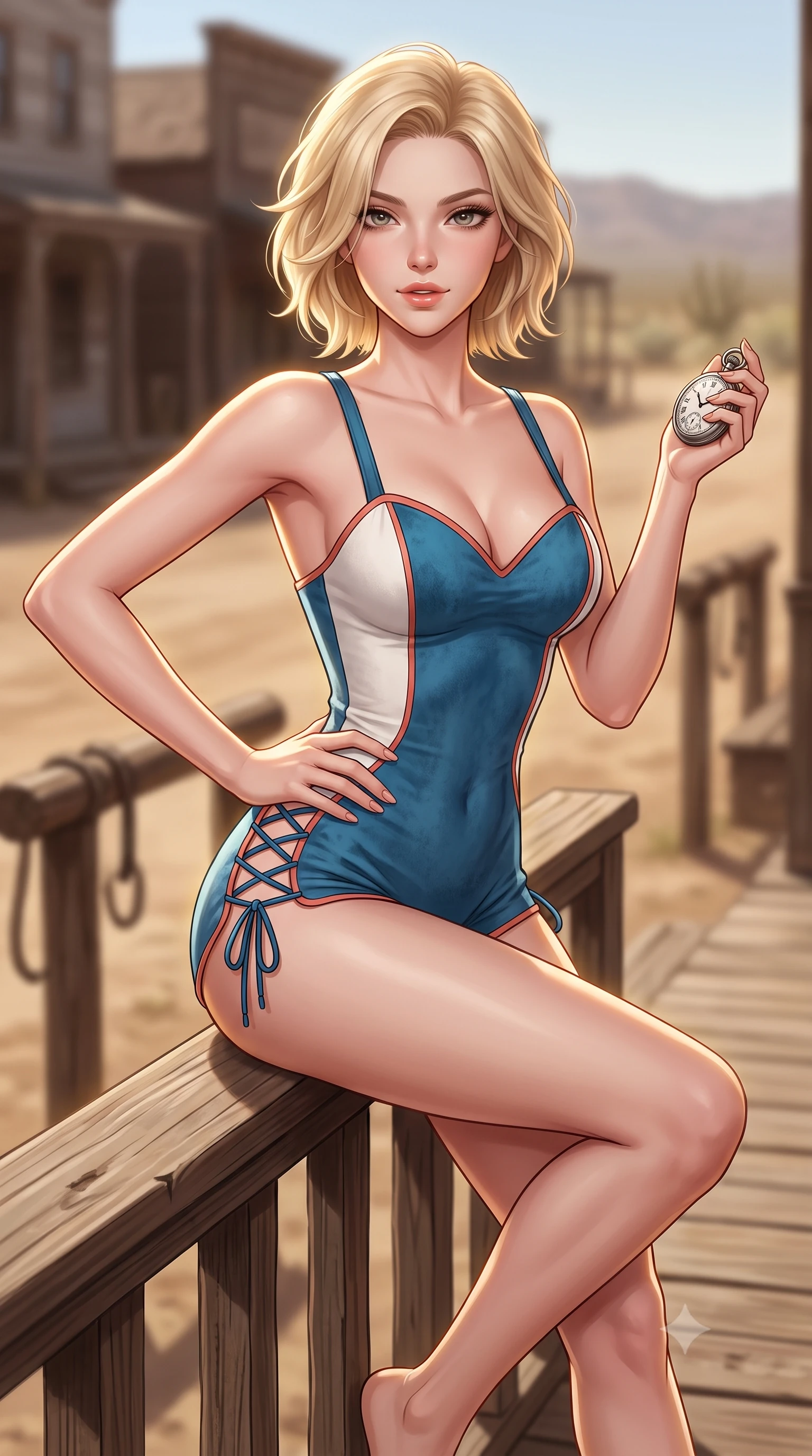 score_9, masterpiece, best quality, ultra-detailed, high-budget anime keyframe, semi-realistic 3D game render, editorial fashion photography, tasteful artistic composition, Caucasian woman. close-up cowboy shot from the waist and thighs up, the character dominates the composition, filling the frame with her large presence. twisting her slender torso in an alluring contrapposto stance, one hand resting on her sculpted hip while her fingers toy with her hair with effortless poise while sitting perched on the wooden boardwalk railing with one knee bent, holding an antique silver pocket watch with playful teasing cool. The background shows a soft-focus dusty ghost town Main Street facades, hitching posts, and distant sagebrush blurred into sepia, walnut, and dusty amber bokeh. She has an exceptionally elegant, slender, and willowy female figure with an ultra-slim waist, flat toned midriff, narrow ribcage, and sculpted feminine hips creating an alluring, slim hourglass silhouette without bulk. sharp v-shaped jawline, high-bridge nose, sparkling eyes with hypnotic seductive depth, thick curled eyelashes, glossy parted lips with a natural dewy peach sheen, alluring bedroom-eyes with an enchanting coquettish smile, exuding magnetic siren charisma and sophisticated glamour, flawlessly proportioned anatomical accuracy, strict slender model proportions, natural body alignment, perfectly sculpted long slender limbs, ultra-slim waistline, clean dynamic posture without body distortion. wearing a deep sweetheart-neckline buckskin bodycon romper with side-hip cutouts accentuating her hourglass curves in Mediterranean cerulean blue and optic white with coral trims, tailored from ultra-soft distressed suede with velvety hand-feel and rich shadow depth, featuring fine criss-cross lace-up side ties revealing tantalizing glimpses of her hip curve, the glove-like clinging cut tightly following the natural contour of her hips and long slender legs with youthful 8.5-heads elegance. illuminated by boardwalk wood reflection bounce and sharp golden rim lights defining her razor-sharp jawline, flat midriff, and curvy hips. highly saturated vibrant anime colors, detailed shading with soft gradients, rich glossy textures, high-contrast stereoscopic depth, volumetric dynamic lighting, master piece, 9:16 ratio