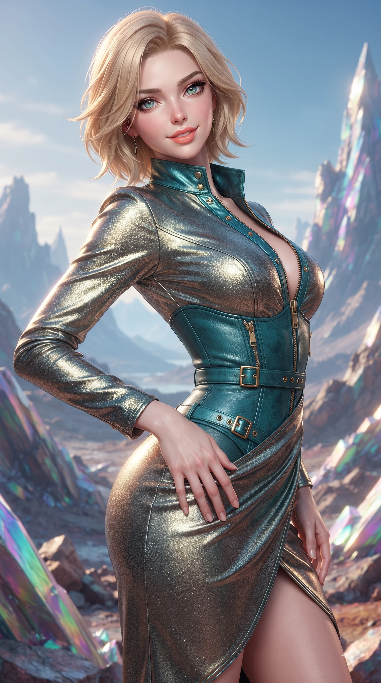 score_9, masterpiece, best quality, ultra-detailed, high-budget anime keyframe, editorial fashion photography, tasteful artistic composition, Caucasian woman. close-up cowboy shot from the waist and thighs up, the character dominates the composition, filling the frame with her large presence. arching her spine backward with effortless dancer poise, one hand sliding along her hip line as directional light carves specular highlights along her silhouette while twisting her slender torso in an alluring S-curve, soft iridescent mineral washes in the background complementing her flat midriff and curvy hips. The surrounding environment is rendered in vivid detail and crisp panoramic clarity: detailed high-Mandarin wrap dress tailoring, metallic lamé fabric sheen, and geological grandeur in razor-sharp precision. She has an exceptionally elegant, slender, and willowy female figure with an ultra-slim waist, flat toned midriff, narrow ribcage, and sculpted feminine hips creating an alluring, slim hourglass silhouette without bulk. sharp v-shaped jawline, high-bridge nose, sparkling eyes with hypnotic seductive depth, thick curled eyelashes, glossy parted lips with a natural dewy peach sheen, alluring bedroom-eyes with an enchanting coquettish smile, exuding magnetic siren charisma and sophisticated glamour, flawlessly proportioned anatomical accuracy, strict slender model proportions, natural body alignment, perfectly sculpted long slender limbs, ultra-slim waistline, clean dynamic posture without body distortion. wearing a body-hugging ribbed stretch cotton henley tank bodysuit with deep scoop neck and snap closures in turquoise patina and burnished vintage brass, tailored from buttery-soft glove lambskin leather clinging smoothly to her narrow waist and rounded hips, finished with sleek heavy-duty brass zip pulls and buckled moto straps, the glove-like clinging cut tightly following the natural contour of her hips and long slender legs with youthful 8.5-heads elegance. illuminated by pastel mineral surface bounce and sharp golden-rose rim lights sculpting her razor-sharp jawline, narrow waist, and curvy hips. ultra-reflective glossy finish, specular highlights, rich textural contrasts, high-contrast stereoscopic depth, volumetric dynamic lighting, 2k, ultra detail, master piece, 9:16 ratio