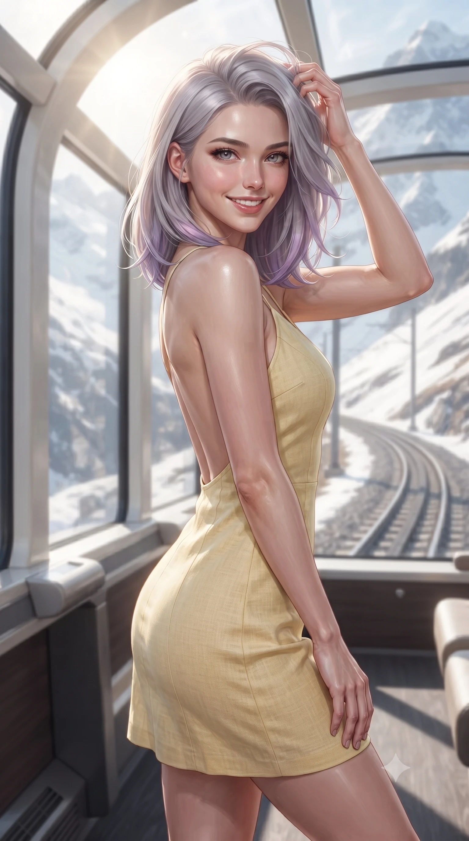 score_9, masterpiece, best quality, ultra-detailed, high-budget anime keyframe, editorial fashion photography, tasteful artistic composition, Caucasian woman. close-up cowboy shot from the waist and thighs up, the character dominates the composition, filling the frame with her large presence, background elements kept in soft focus. smiling with quiet, magnetic self-assurance directly into the camera, running a hand through her hair the background shows a soft-focus the curved glass lounge of a luxury train winding through snowy mountain peaks. She has an exceptionally elegant, slender, and willowy female figure with an ultra-slim waist, a gracefully sculpted slender torso, and a refined silhouette. sharp v-shaped jawline, high-bridge nose, intricate jewel-like eyes with depth, thick eyelashes, glossy lips with a natural sheen. wearing a slim-fit backless summer sundress in pale yellow linen, showing her elegant shoulder blades. bright morning alpine sunbeams filtering through the panorama window glass. ultra-reflective glossy finish, specular highlights, metallic sheen, high-contrast stereoscopic depth, volumetric dynamic lighting, 2k, ultra detail, master piece, 9:16 ratio
