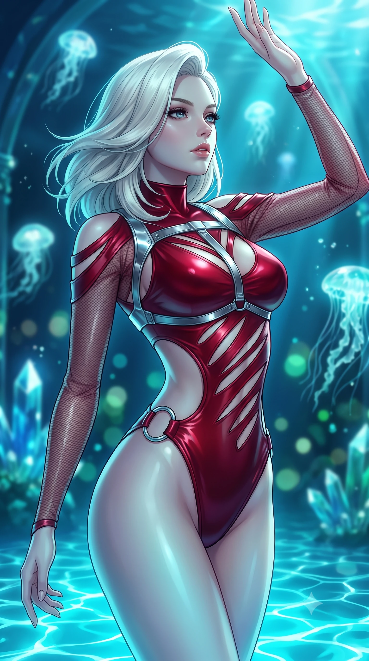 score_9, masterpiece, best quality, ultra-detailed, high-budget anime keyframe, semi-realistic 3D game render, editorial fashion photography, tasteful artistic composition, Caucasian woman. close-up cowboy shot from the waist and thighs up, the character dominates the composition, filling the frame with her large presence. extending one arm gracefully toward the light while her torso arches in a sleek, alluring curve with magnetic intensity while arching her spine gracefully inside a submerged glass temple 3000 meters beneath the sea while glowing jellyfish float past. The composition keeps background elements in soft focus with creamy bokeh. floating bioluminescent jellyfish and deep-sea crystal arches blurred into creamy aquamarine and emerald bokeh. She has an exceptionally elegant, slender, and willowy female figure with an ultra-slim waist, a gracefully sculpted slender torso, and a refined silhouette. sharp v-shaped jawline, high-bridge nose, intricate jewel-like eyes with depth, thick eyelashes, glossy lips with a natural sheen, flawlessly proportioned anatomical accuracy, natural body alignment, perfectly sculpted elegant limbs, clean dynamic posture without body distortion. wearing an ultra-sleek high-cut tech-bodysuit featuring dangerous diagonal slitted cutouts on the midriff and shoulders, reinforced by a metallic silver harness and sheer mesh sleeves in deep ruby red and polished chrome accents, made of liquid metal jersey that clings flawlessly to every contour of her build, detailed with polished silver rings connecting the daring side-waist cutouts, the sleek aerodynamic cut emphasizing her magnetic presence and alluring physical grace. illuminated by intense cyan caustic ripples from below and cool sapphire ambient shadow. highly saturated vibrant anime colors, detailed shading with soft gradients, rich glossy textures, high-contrast stereoscopic depth, volumetric dynamic lighting, master piece, 9:16 ratio